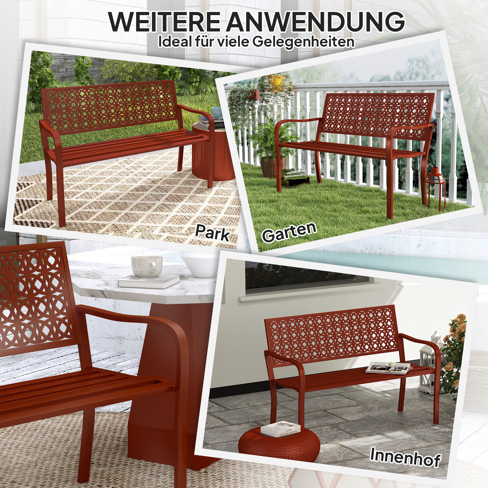 Außenbank, Gartenbank aus Stahl, Ausgeschnittene Rückenlehne, Armlehnen, für 2 Personen, Rot