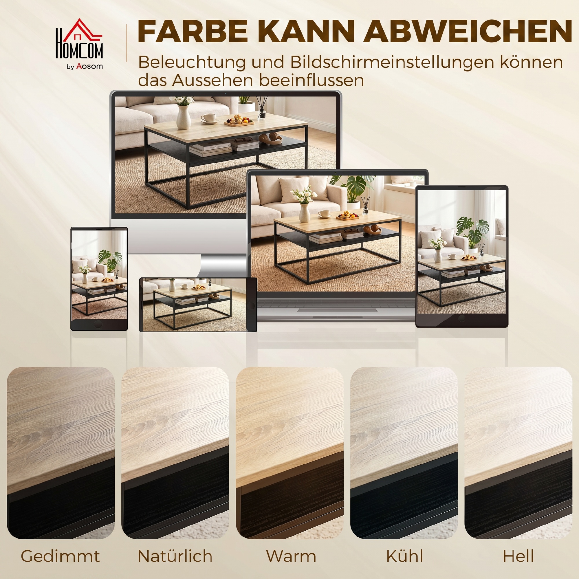 Couchtisch mit Ablage, moderner Industriestil, Wohnzimmertisch für Wohnzimmer, Schlafzimmer, 100 x 59,8 x 47 cm, Eiche