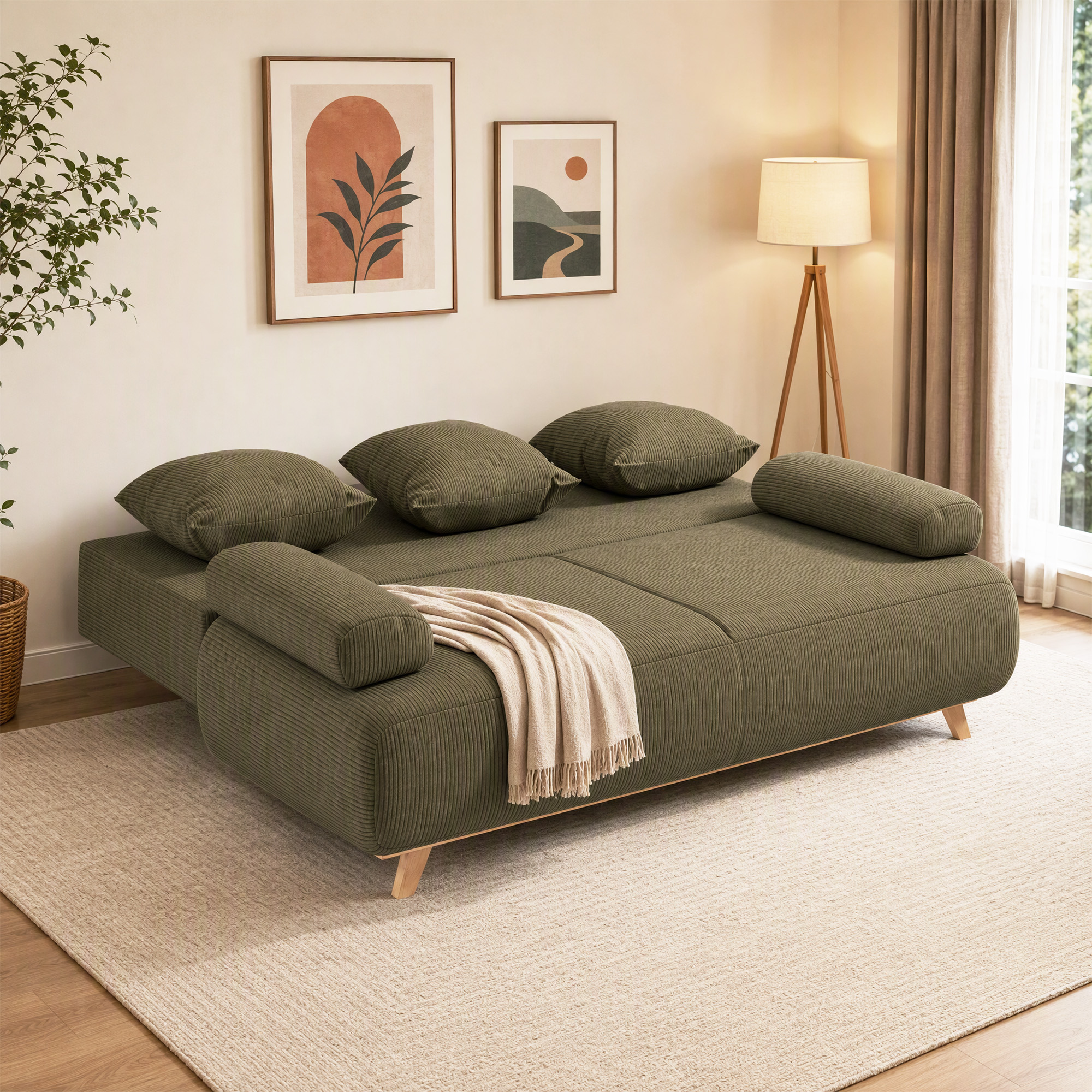 Schlafsofa mit verstellbarer Rückenlehne, Bettfunktion, verstecktem Stauraum und Cordbezug, Dunkelgrün