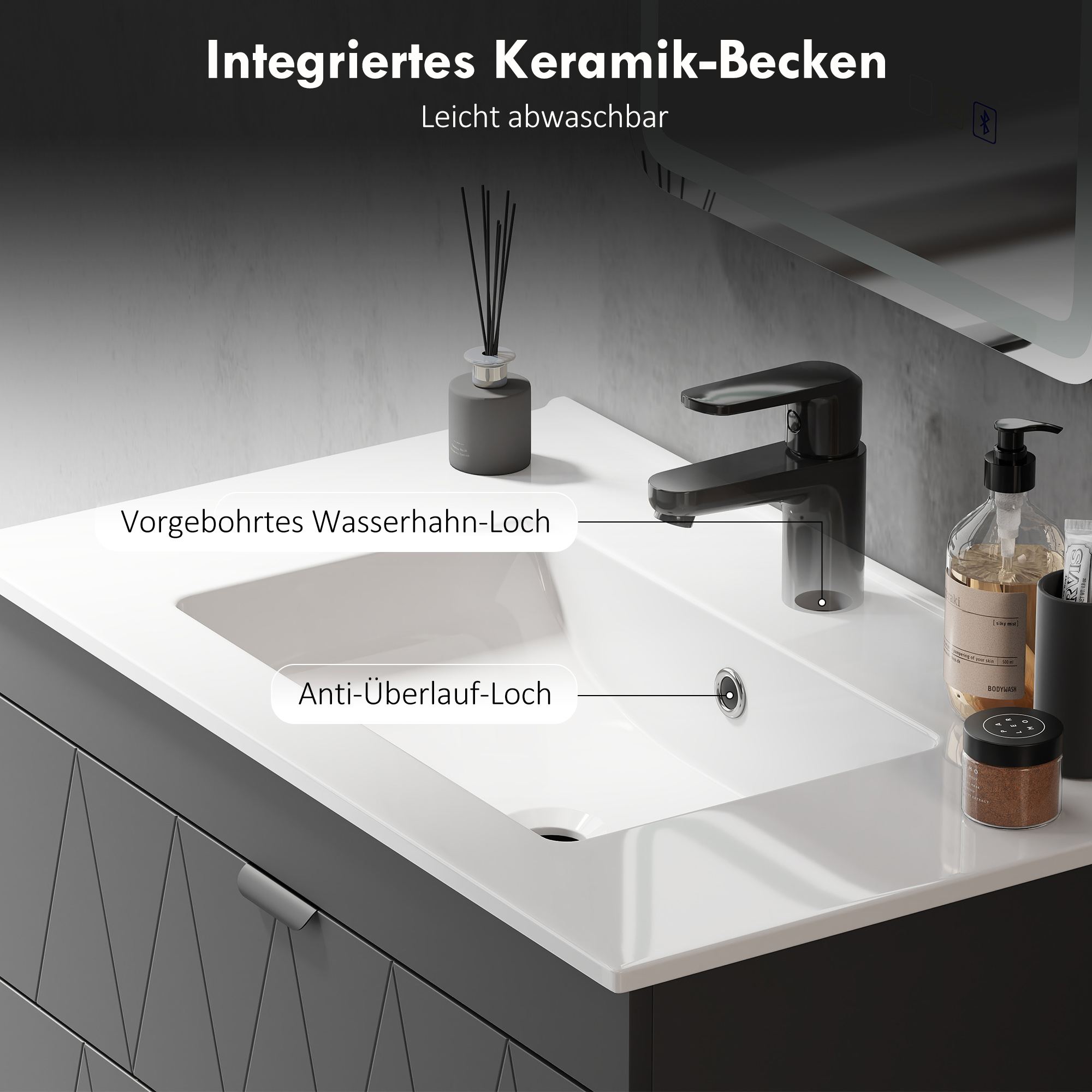 Waschbeckenunterschrank Hängender Unterschrank mit Keramikwaschbecken Soft-Close-Schubladen Schwarz