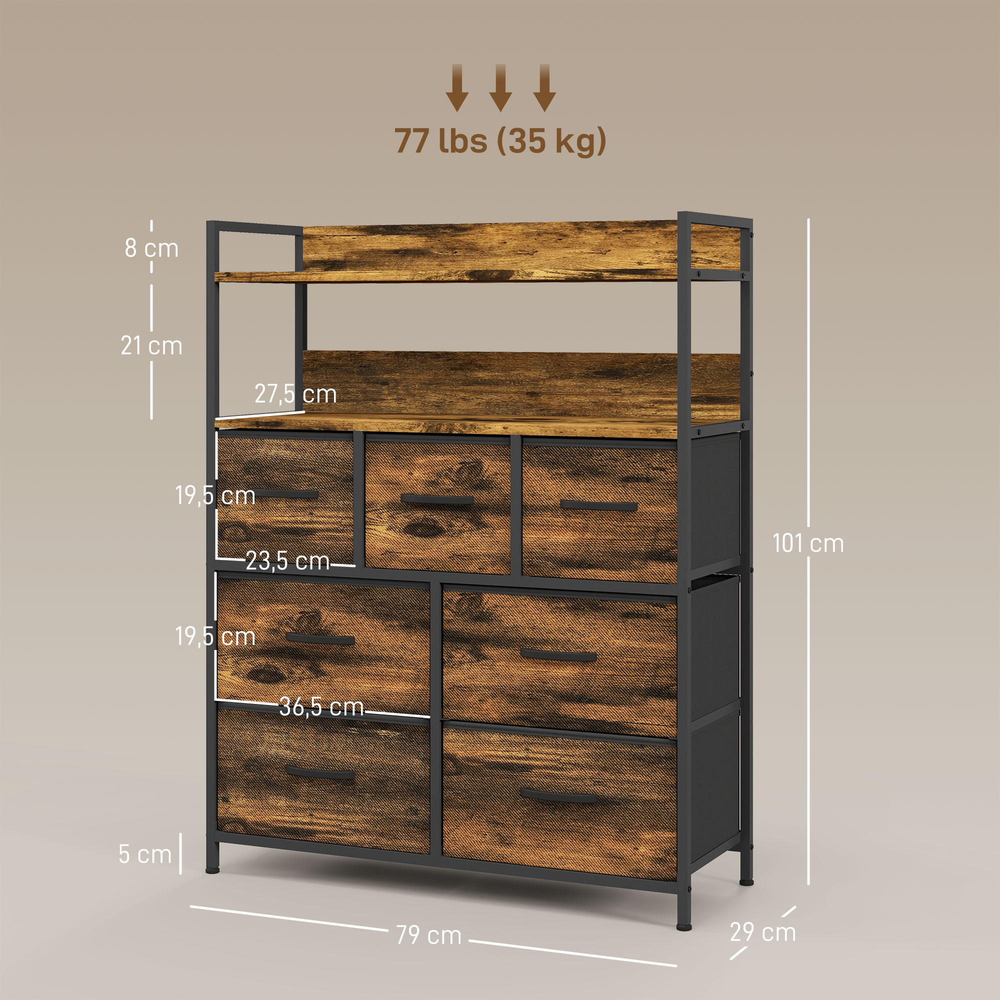 Stoff-Kommode, 7 faltbare Schubladen, 2 Regale, Stahlrahmen, Braun