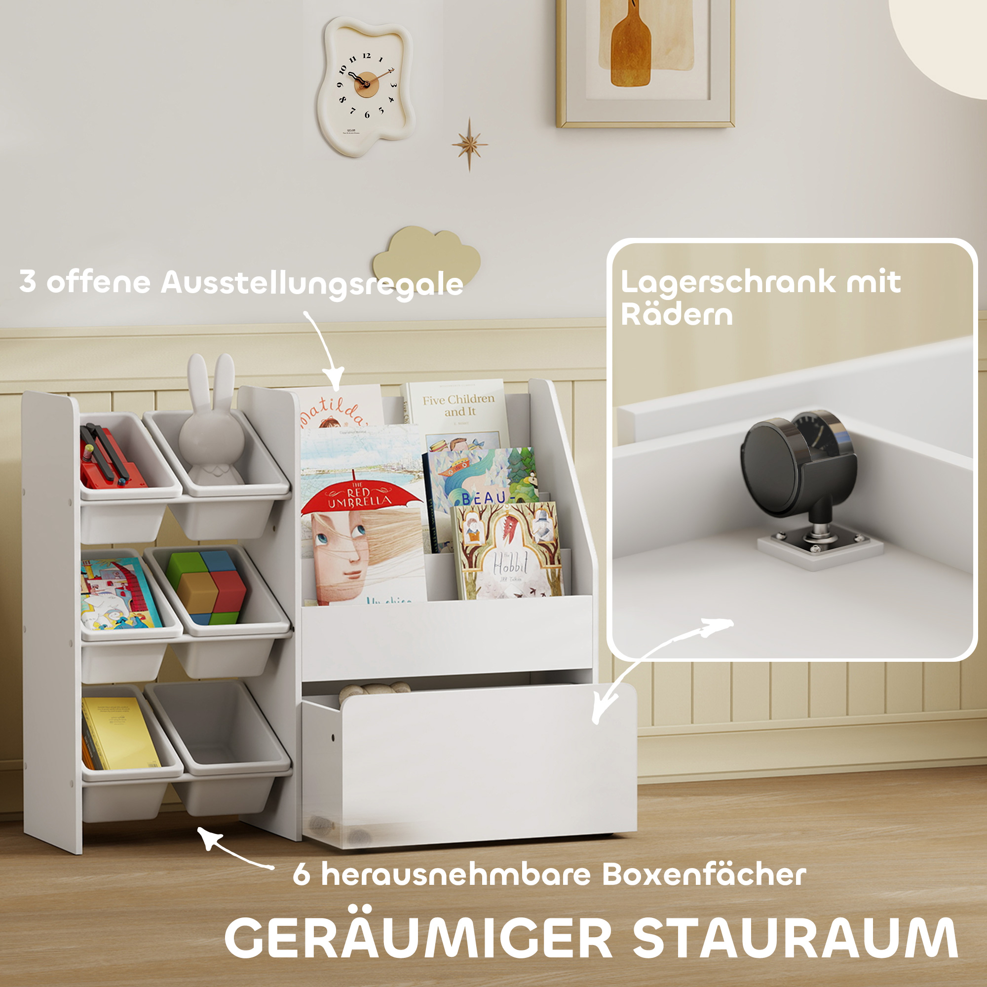 Spielzeugregal, Kinderzimmerregal mit 6 Behälter, Bücherablage, rollbare Box, 100 x 30 x 80 cm, MDF, Stahl, Weiß