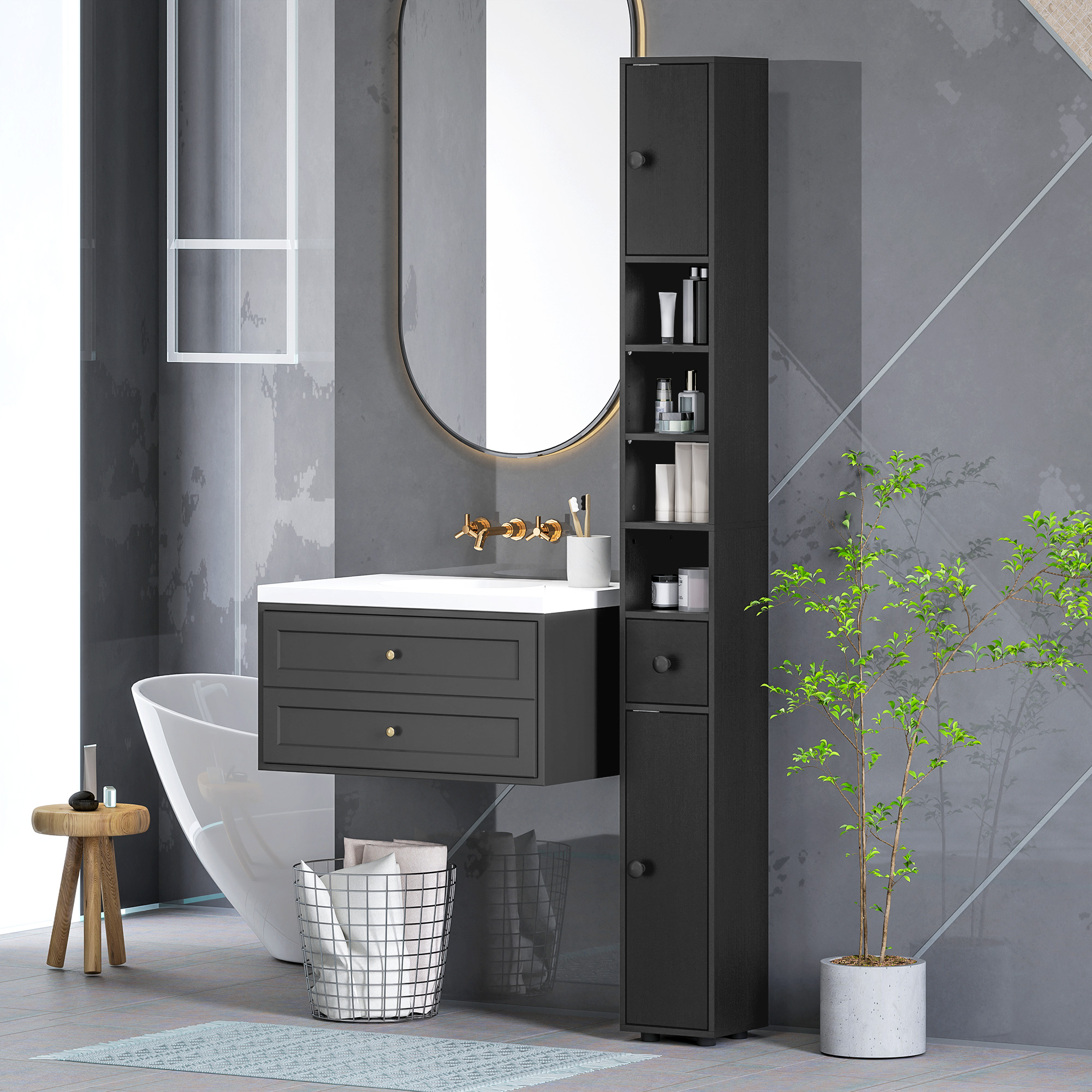 180 cm Schmaler Badezimmerschrank, Toilettenpapierregal mit offenen Fächern, 2 Schränken, Schwarz