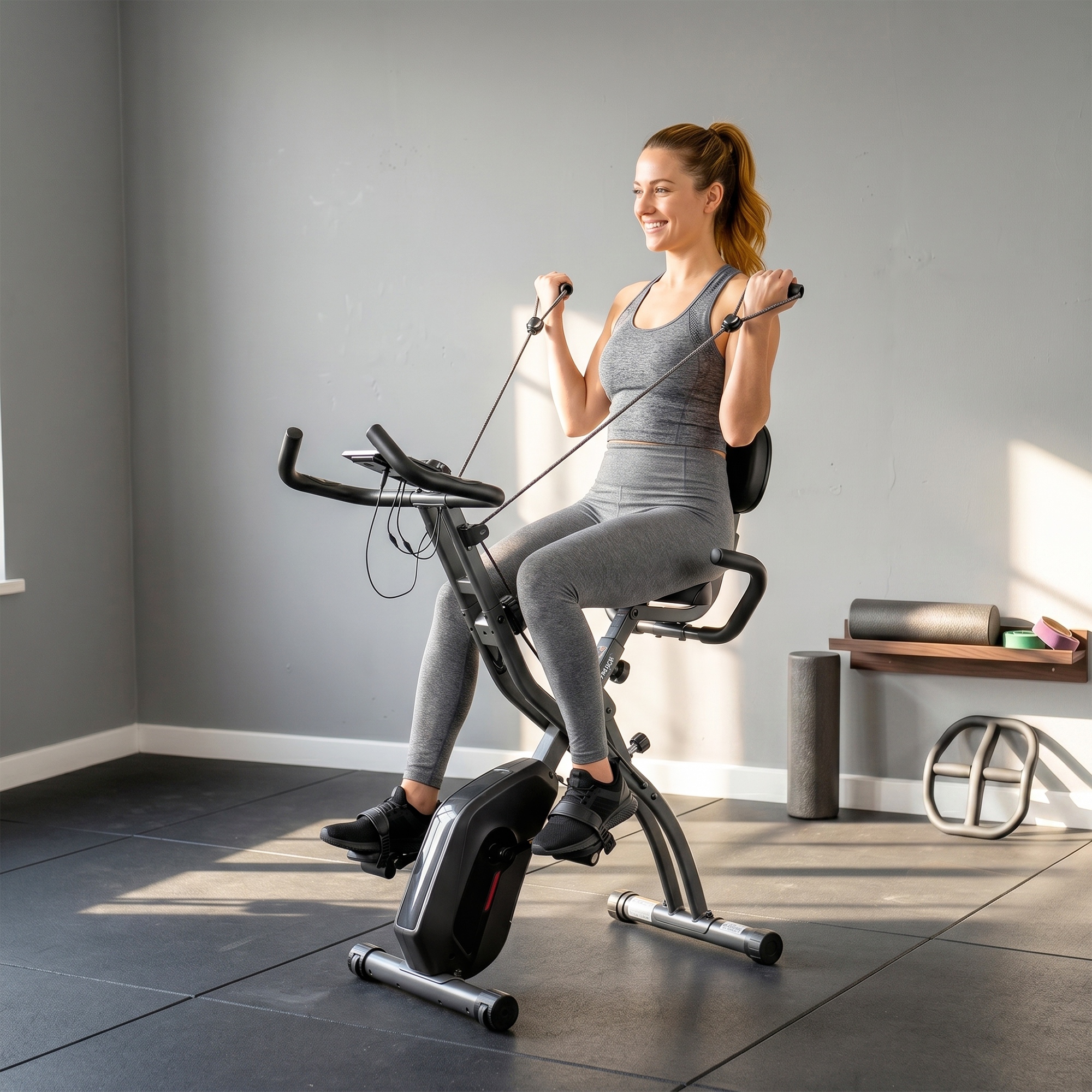 3 in 1 Heimtrainer Fahrrad Klappbar Leise Liegeergometer mit LCD Monitor Bluetooth Herzfrequenz Sensor Widerstandsband