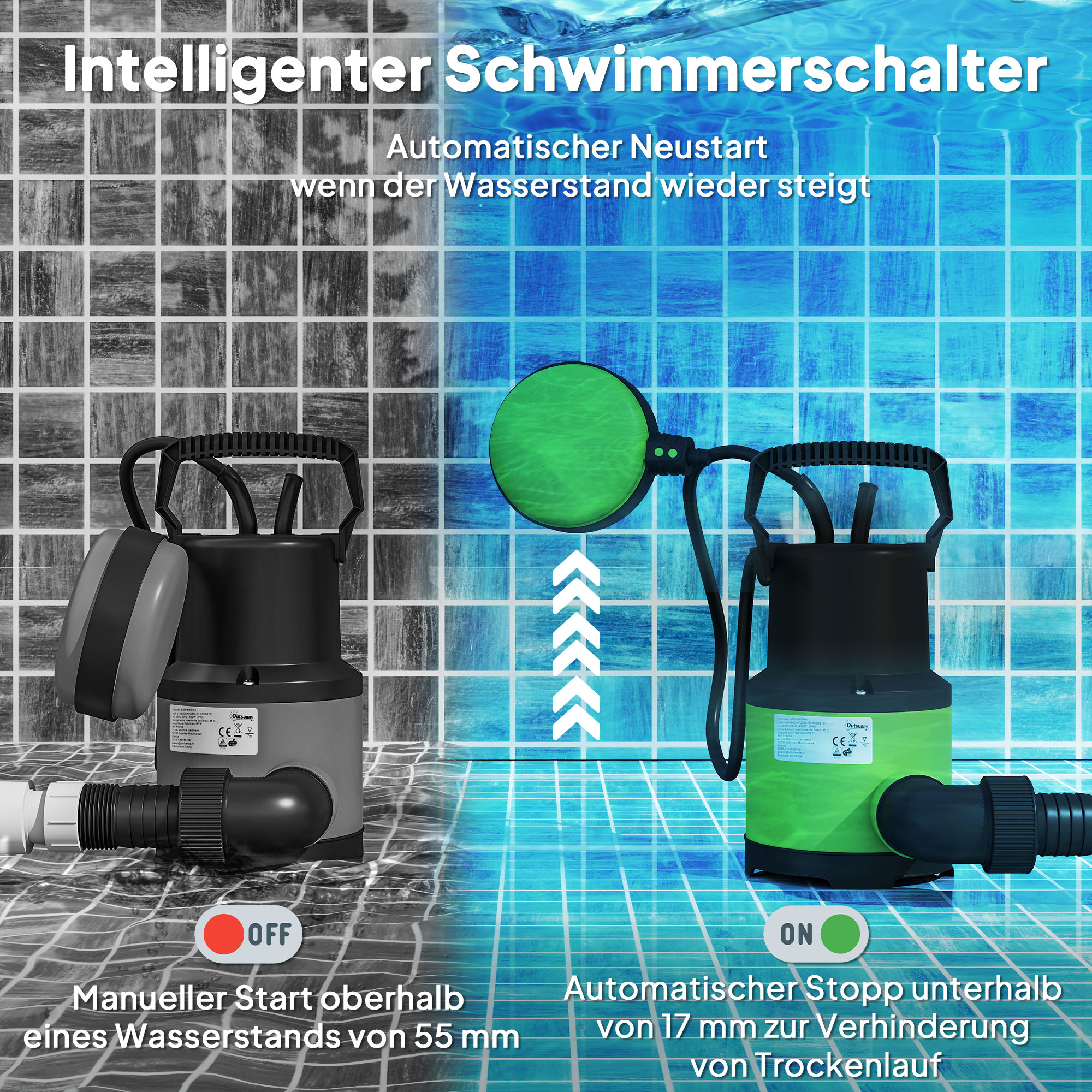 Tauchpumpe Teichpumpe Wasserpumpe mit Schwimmschalter Springbrunnen 400W 9000L/h 16 x 14 x 27 cm Grün