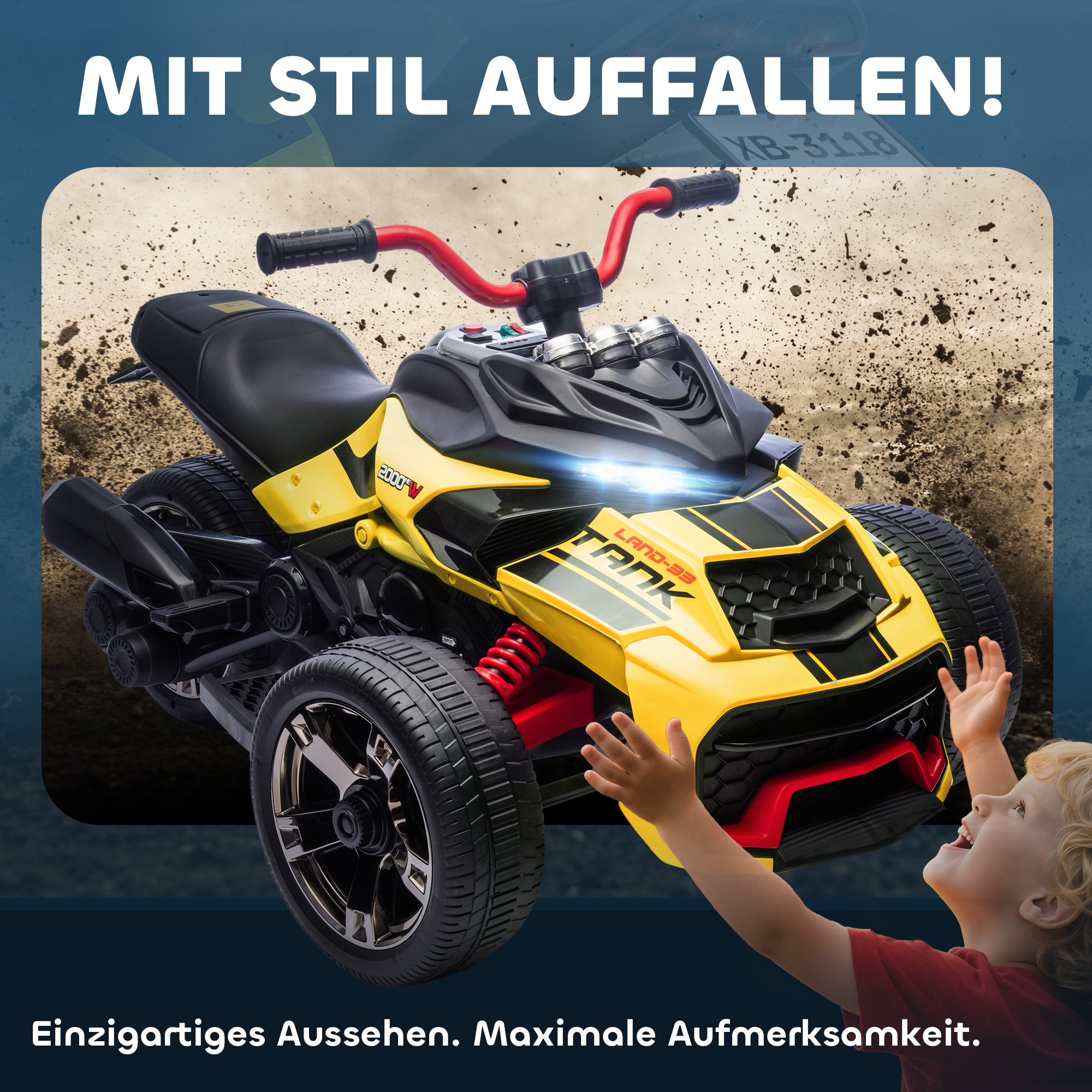 Kinderfahrzeug, Reverse-Dreirad-Design, Batteriebetrieb, MP3-Player, Hupe, 2 Geschwindigkeiten, LED-Lichter, 3-8 Jahre, Gelb