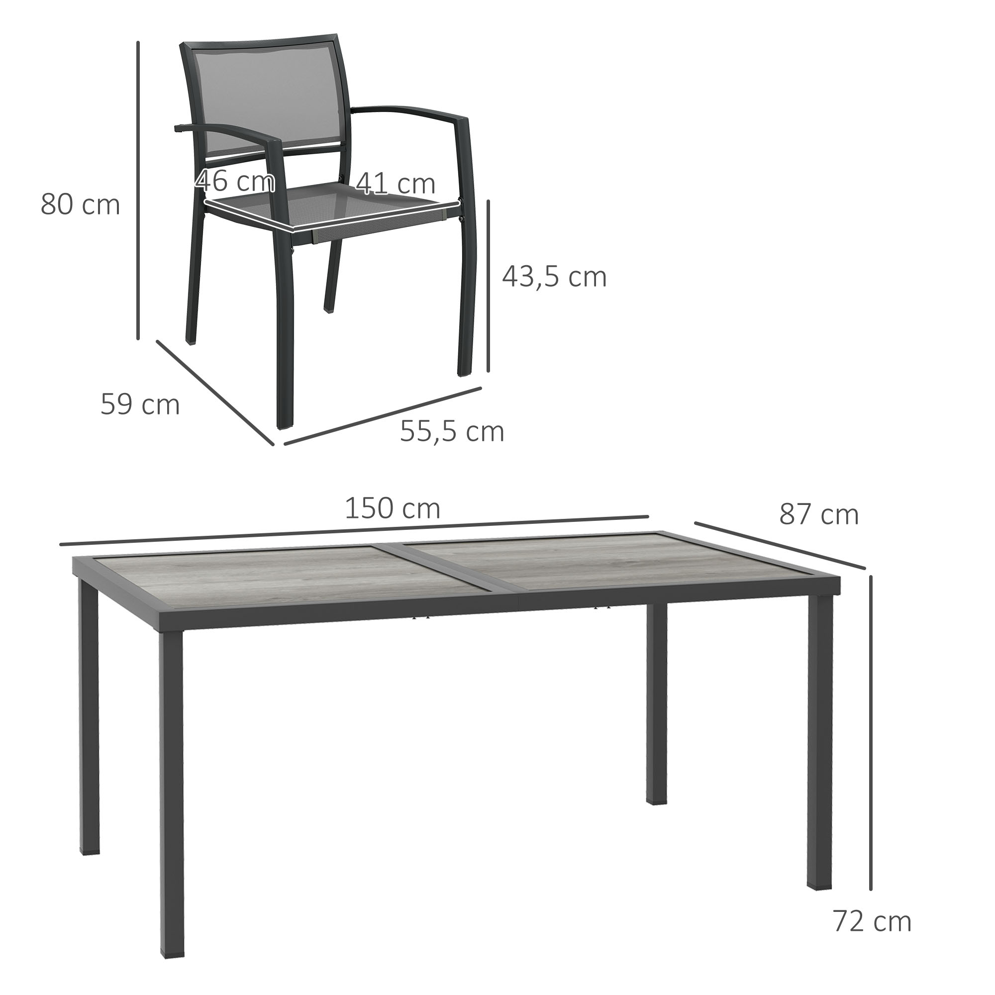 Gartenmöbel-Set Gartensitzgruppe, 1 Tisch, 6 Stühle, 150 x 87 x 72 cm, Grau