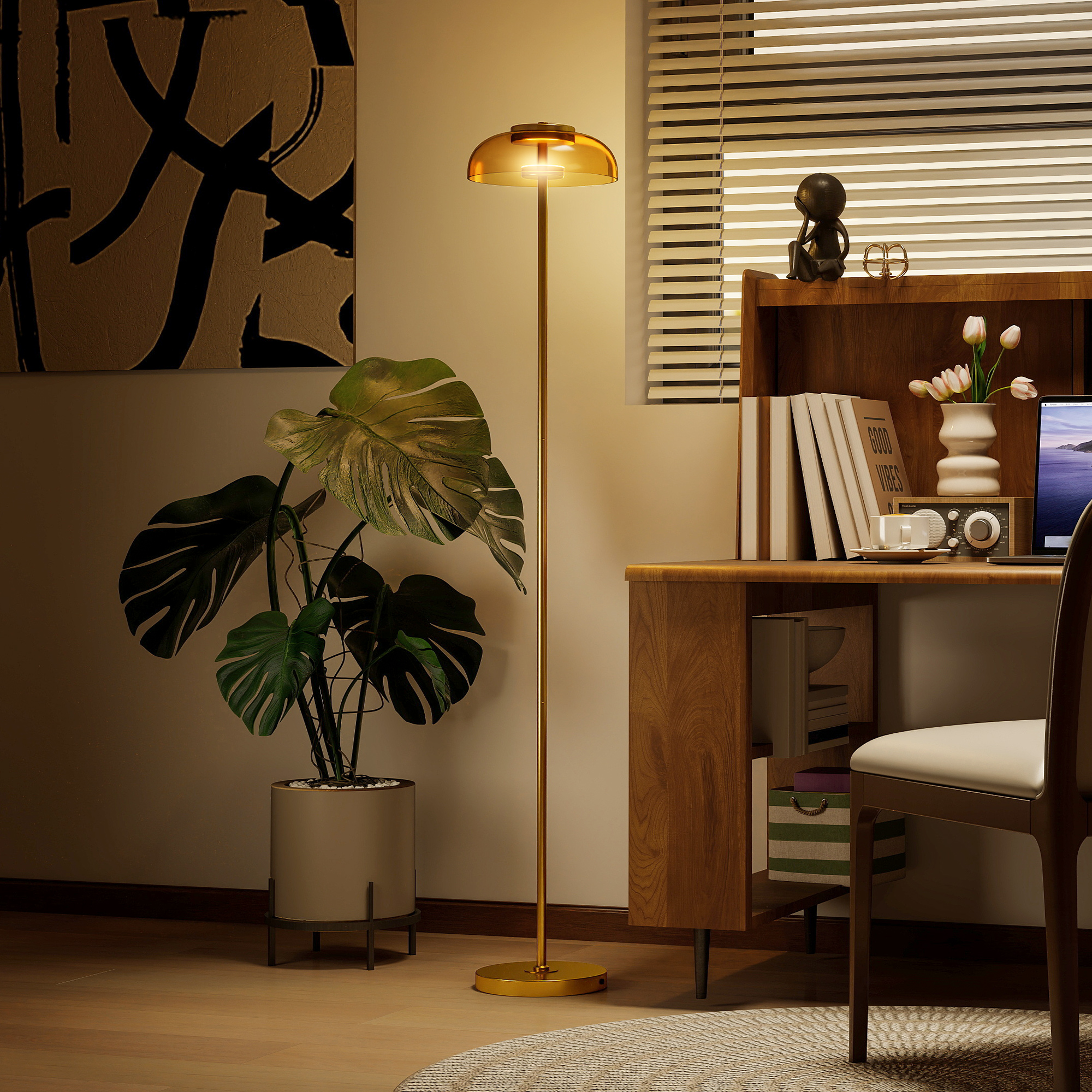 LED Stehlampe Wohnzimmer, Stehleuchte mit 3000 K warmem Licht, Fußschalter, 25 x 25 x 134 cm, Messing