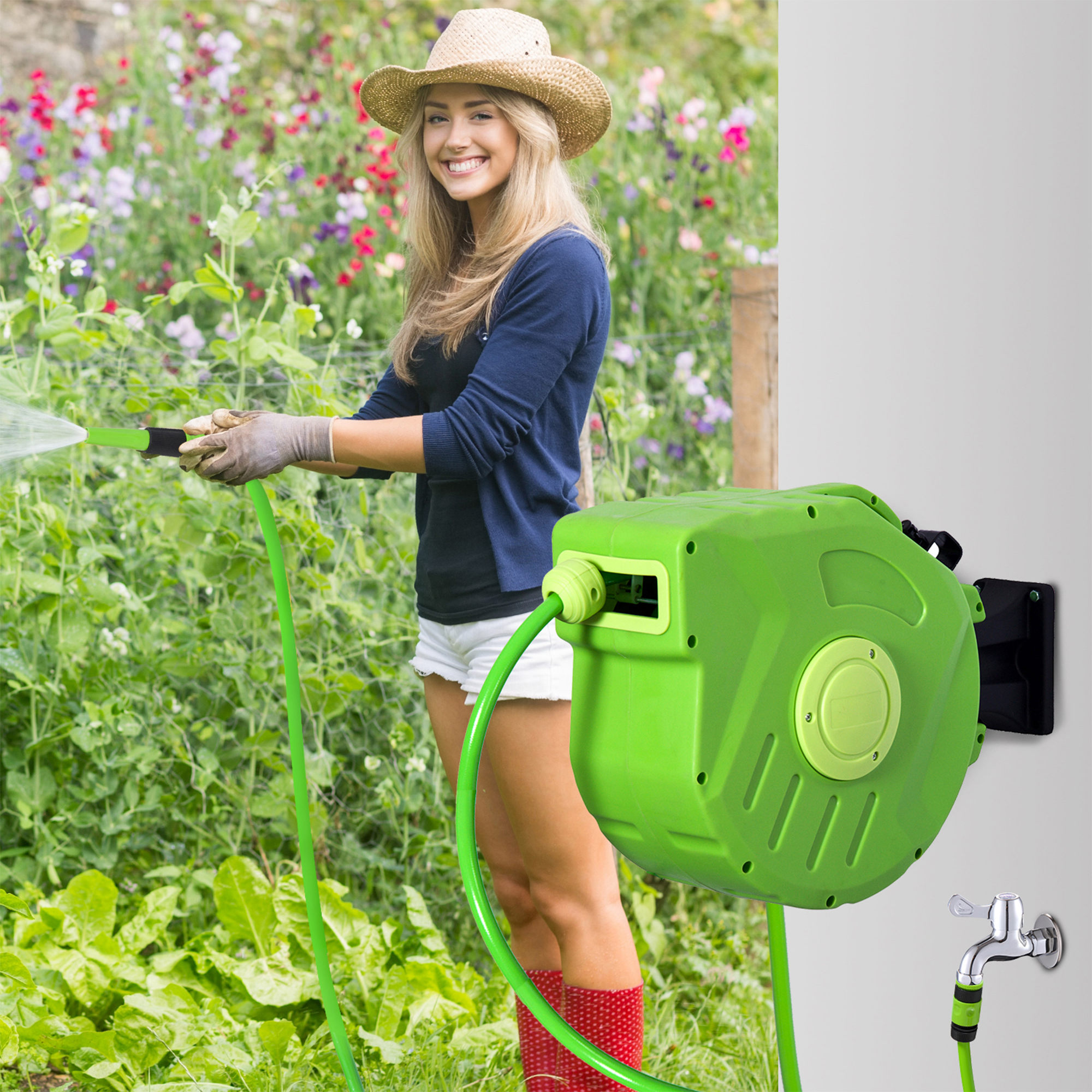 Schlauchtrommel 15+1,5m Schlauchaufroller Automatik schwenkbar Druckluft Garten 180° schenkbar Druckluftschlauch Grün