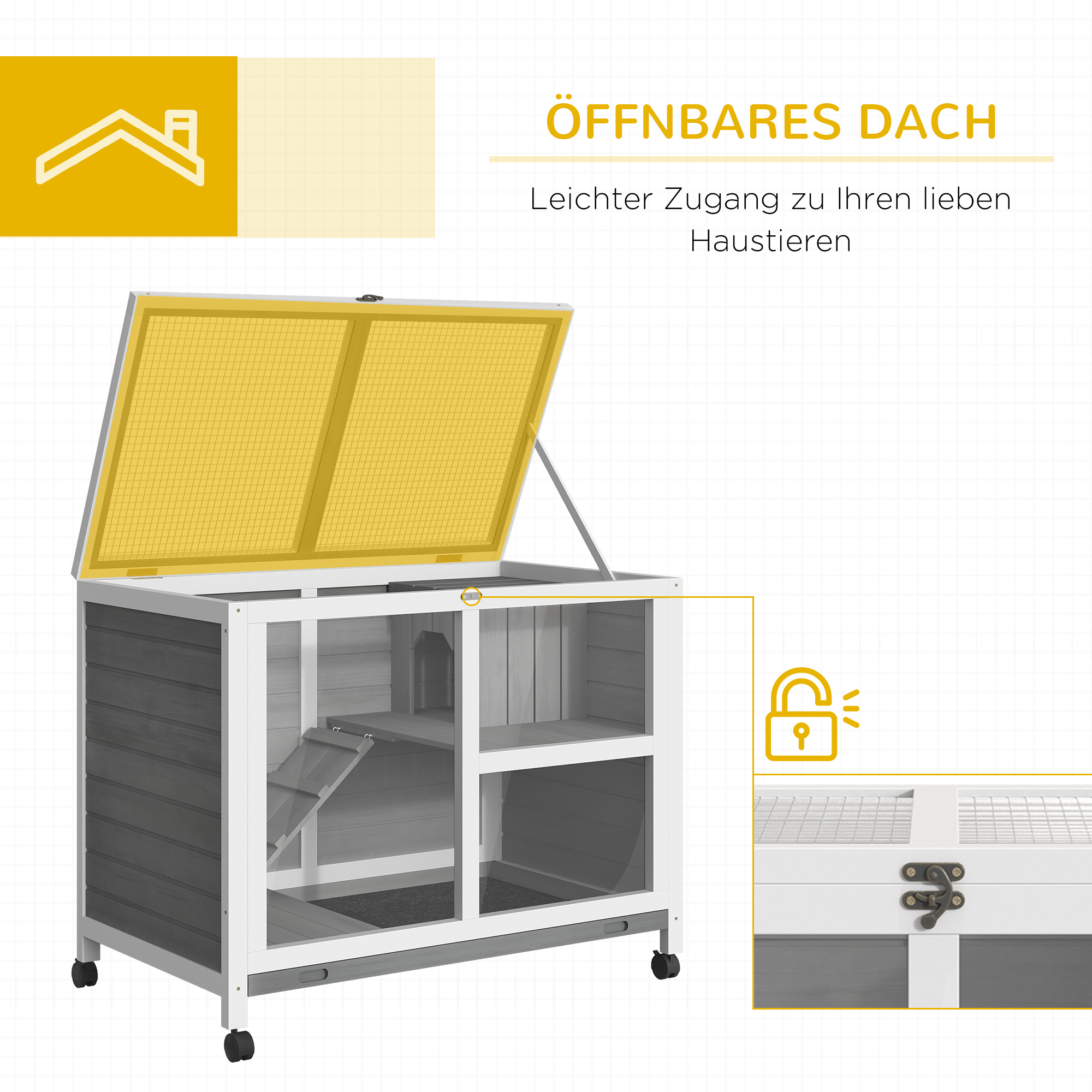 Kleintierstall mit 2 Ebenen 4 Rollen versiegeltes Tannenholz Grau