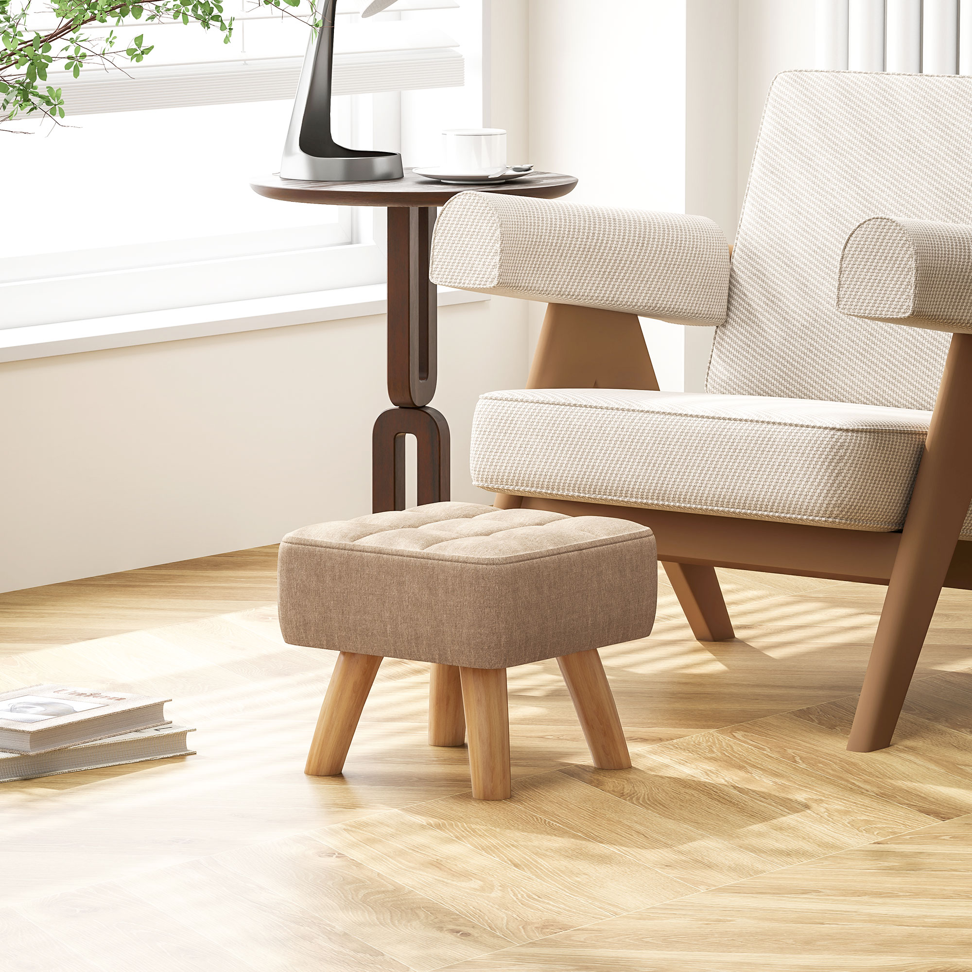 Fußhocker mit Polsterung, Leinenoptik, Holzbeine, bis 110 kg belastbar, Braun