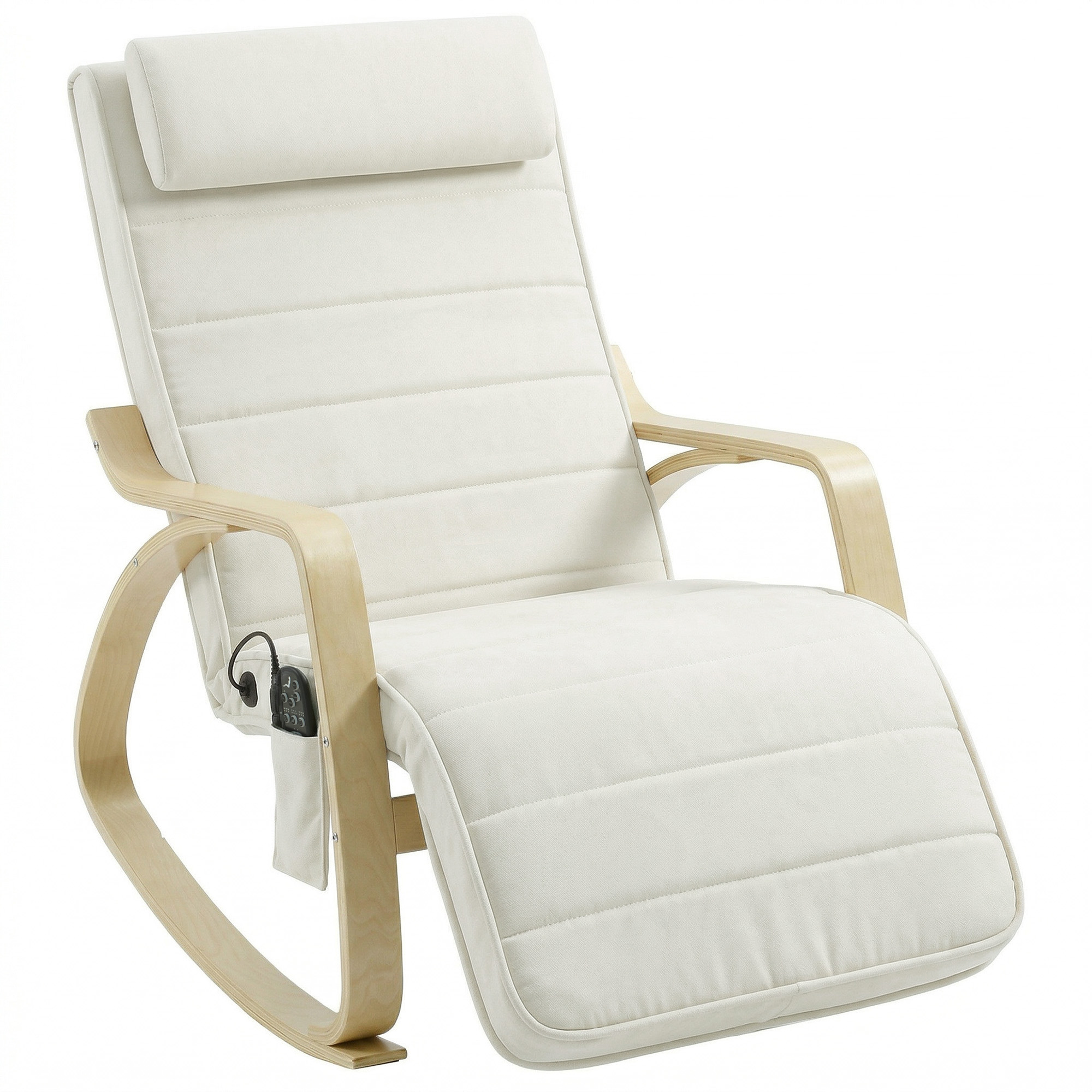 Schaukelstuhl mit Massage, Heizung, Kopfstütze & Fußstütze, Samtbezug, Relaxsessel, Cremeweiß
