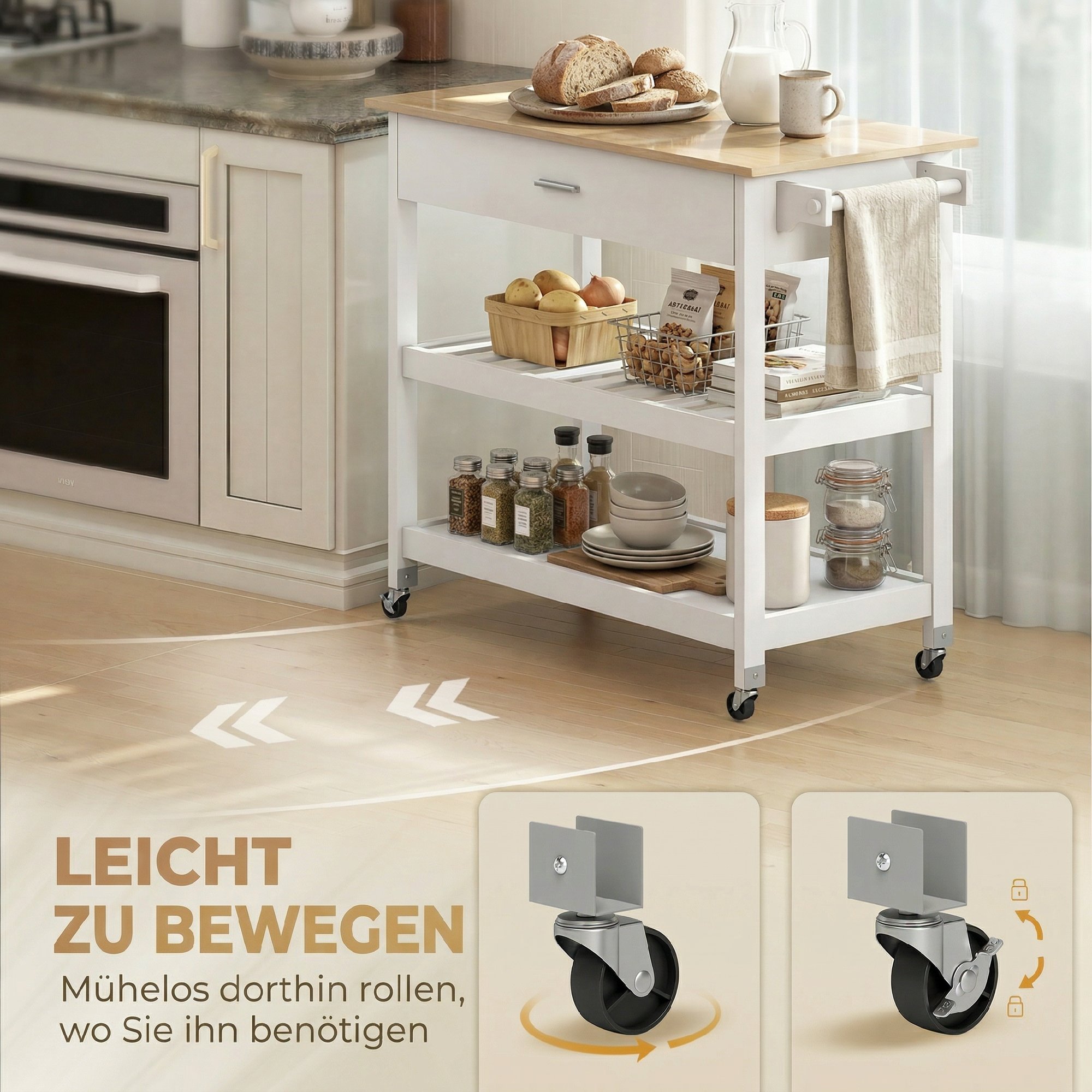 Küchenwagen mit Stauraum, Rollende Kücheninsel mit großer Arbeitsplatte, Schublade, 2 offenen Regalen, Handtuchhalter, Weiß