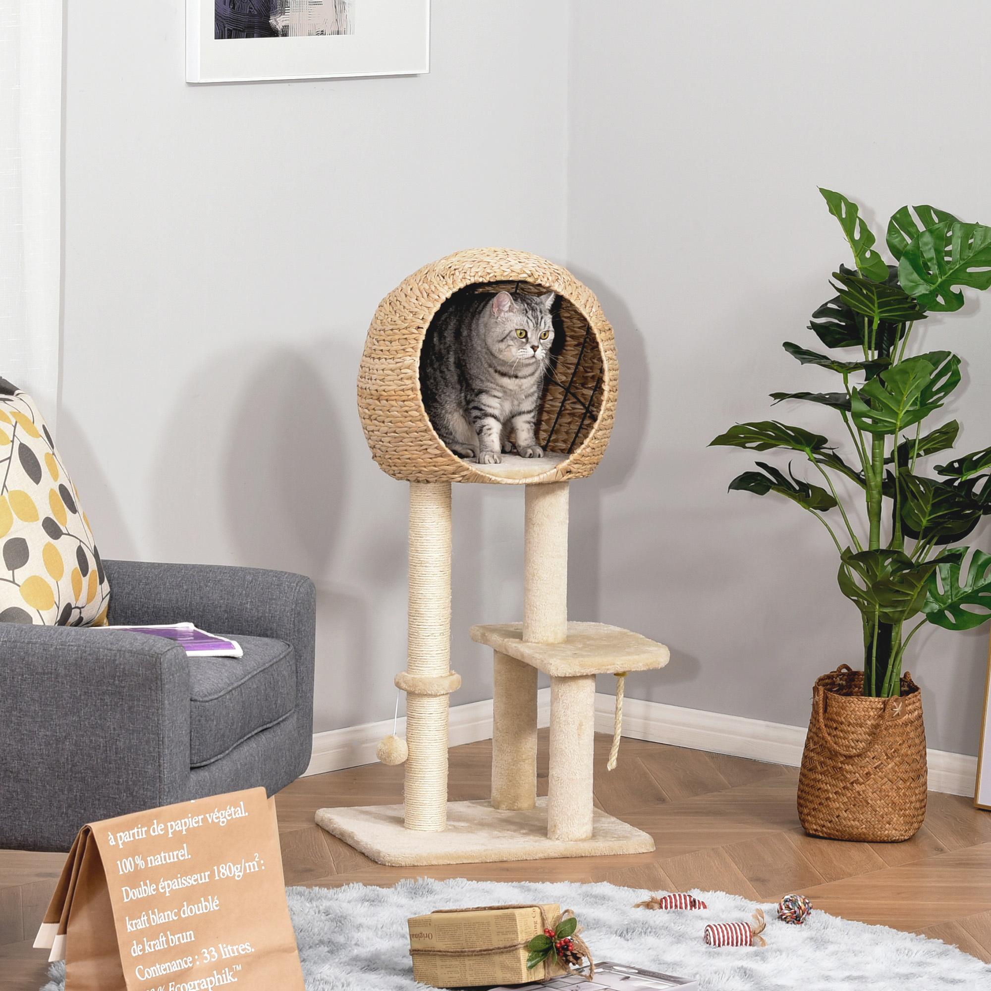 Kratzbaum 100 cm Katzenturm mit Höhle, Spielball, Sisalstämme, Plattform, mehrstöckiger Katzenkratzbaum, Kletterbaum, für mittelgroße Katzen, Beige