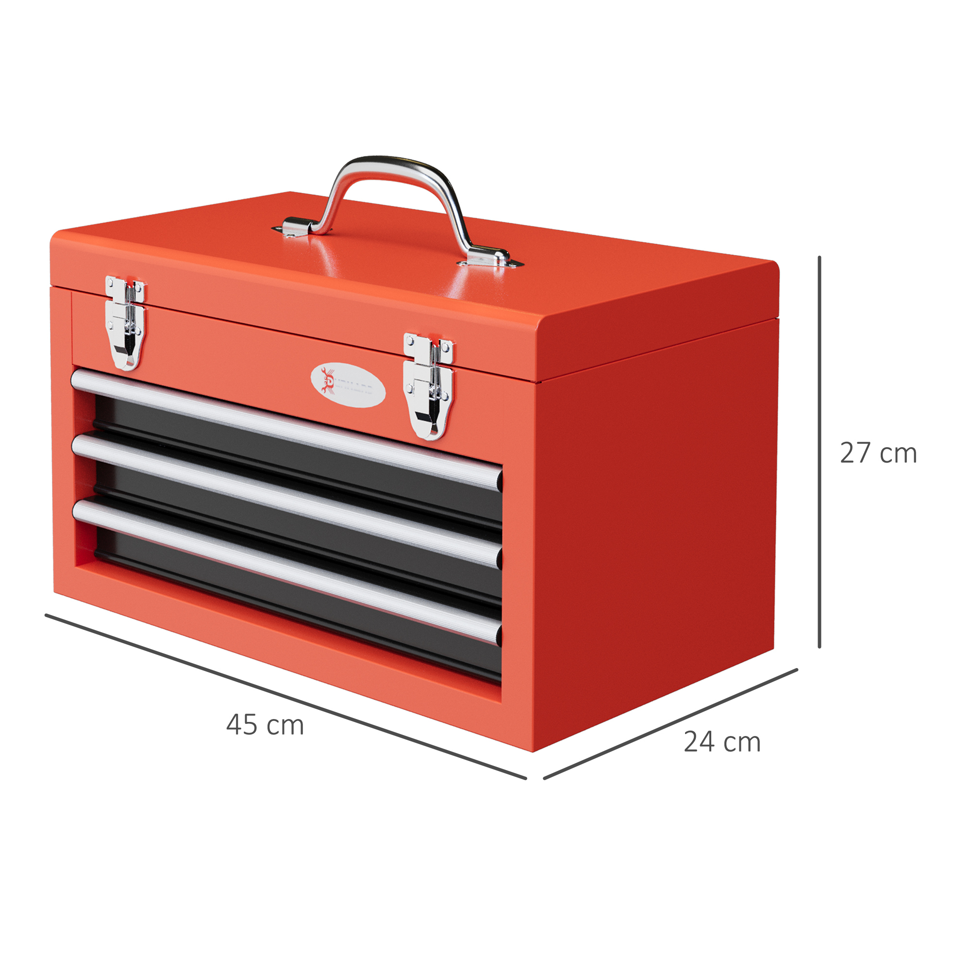 Werkzeugkiste mit 3 Schubladen, 1 Fach, stabile Stahlverschlüsse, 45 x 24 x 27 cm, Rot