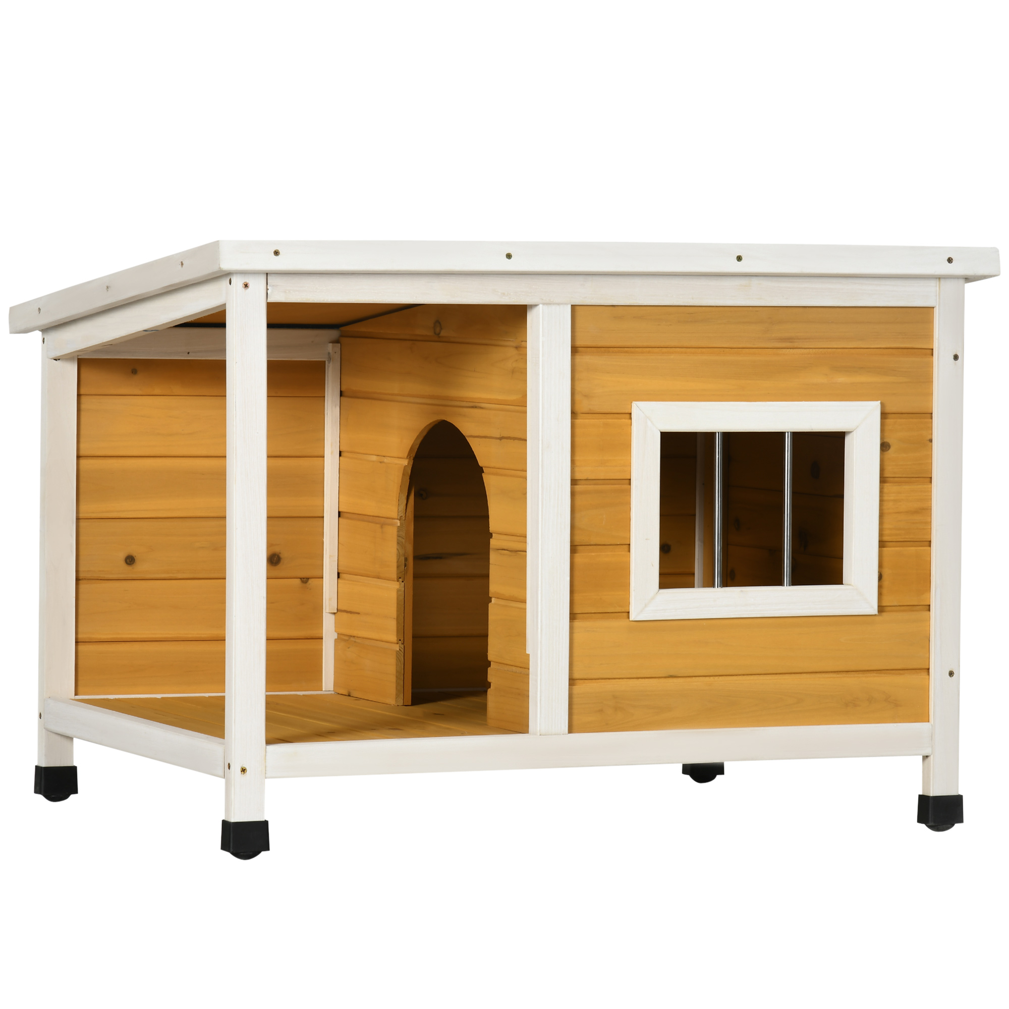 Hundehütte mit Veranda, aufklappbares Dach, Fenster, verstellbare Füße, Naturholz, orange, 85,5 x 62 x 60 cm Hundehütte mit Veranda, aufklappbares Dach, Fenster, verstellbare Füße, Naturholz, orange, 85,5 x 62 x 60 cm