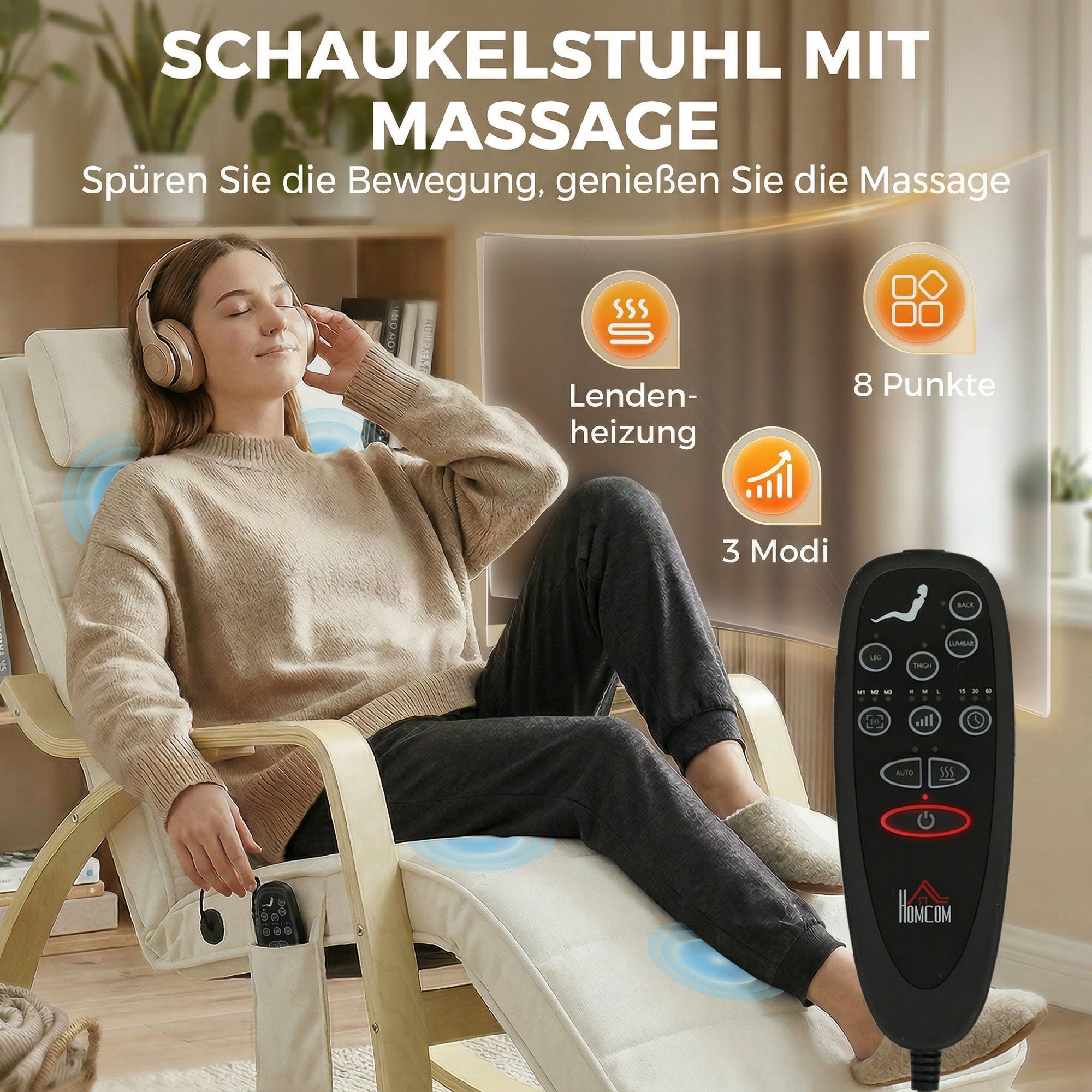 Schaukelstuhl mit Massage, Heizung, Kopfstütze & Fußstütze, Samtbezug, Relaxsessel, Cremeweiß