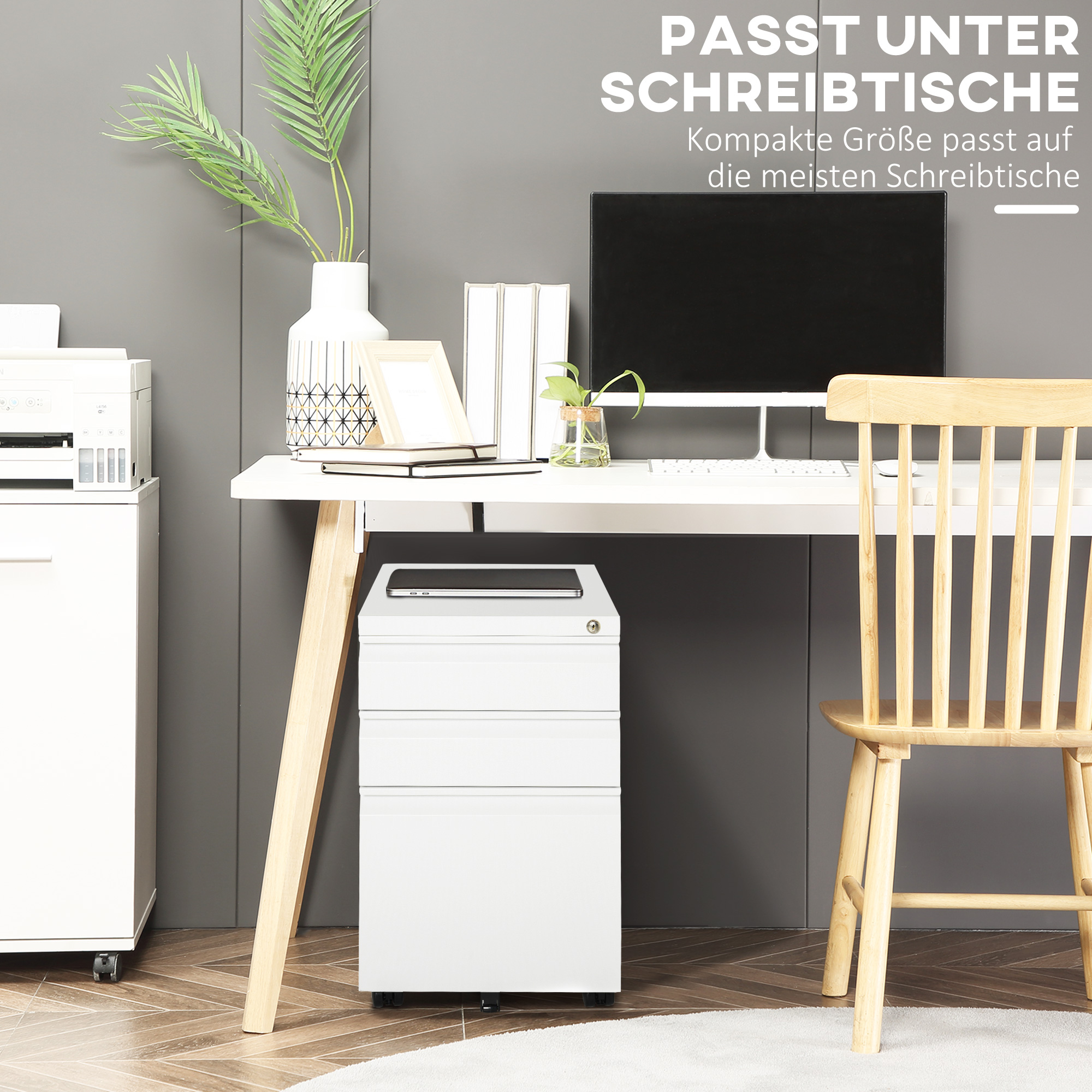 Rollcontainer mit 3 Schubladen mobiler Aktenschrank mit Rollen abschließbar Büroschrank mit konkavem Griff, Schubladenschrank für Büro, Homeoffice, 39 x 48 x 60 cm, Weiß