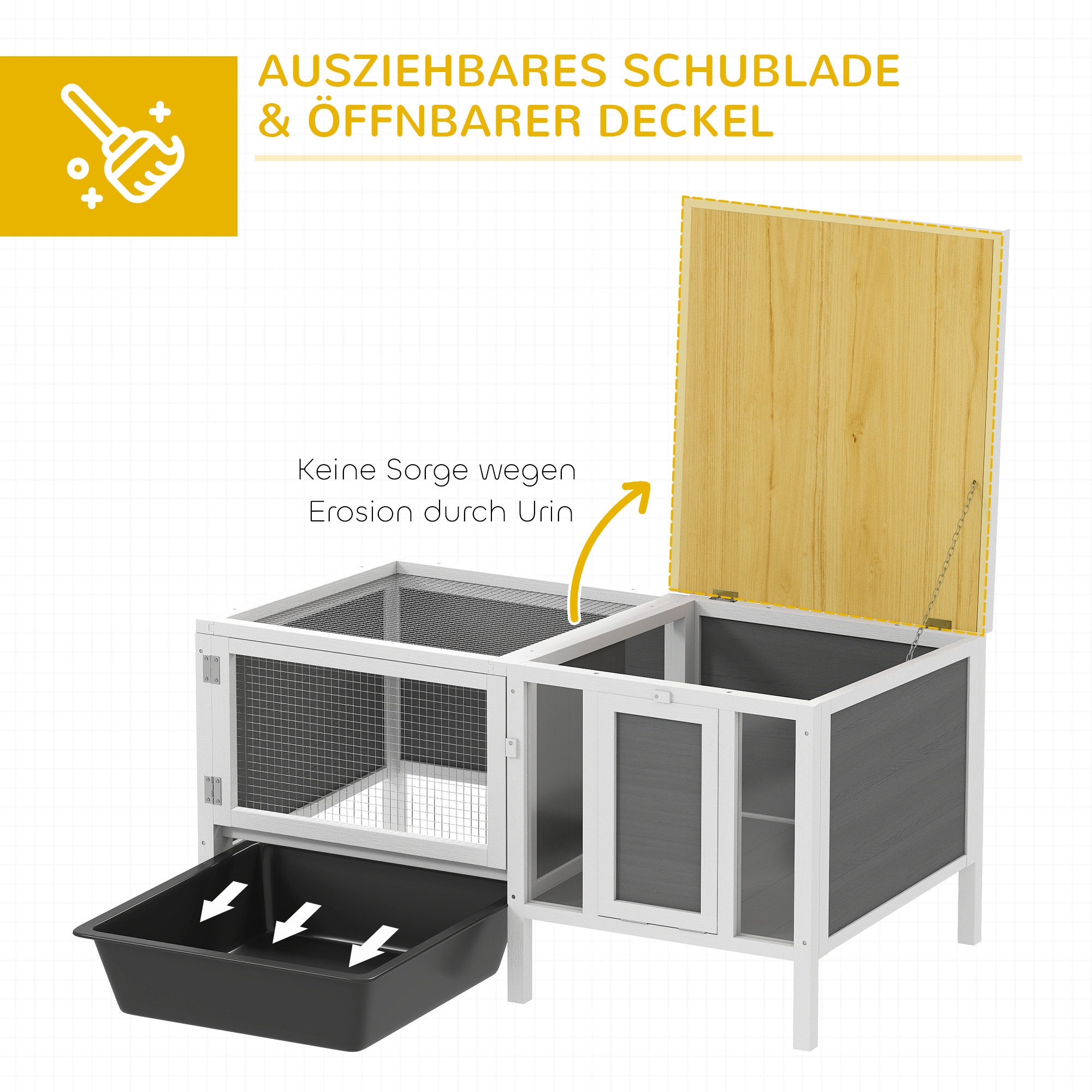Hasenstall Kaninchenstall aus Holz mit Freilaufgehege, Rampe, 3 Eingängen, Ausziehschale, 105 x 57,5 x 51,5 cm Grau