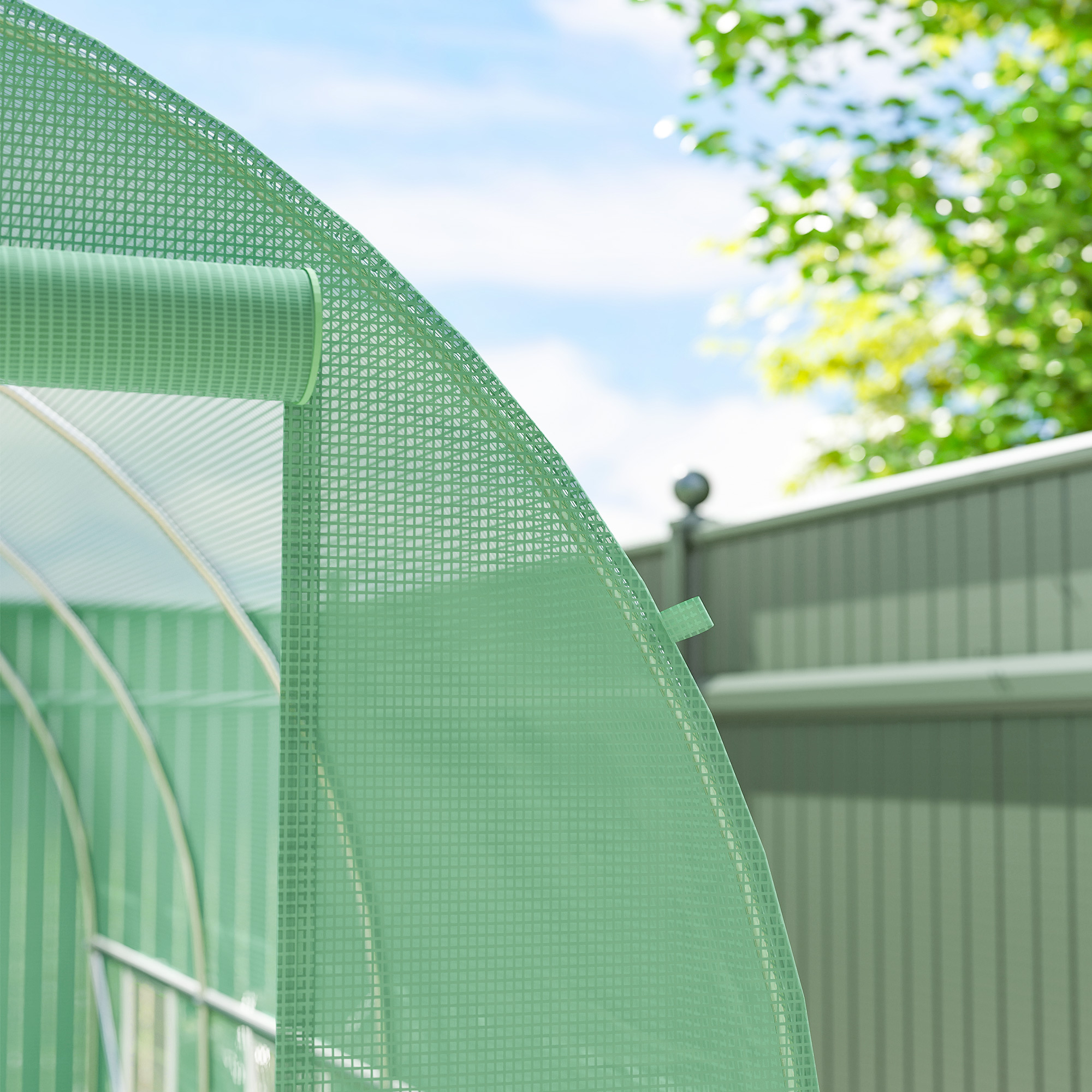 Gewächshaus 350x200x200cm Foliengewächshaus Tomatenhaus mit Tür, 6 Fenster, Folientunnel aus verzinktem Stahl, PE, stabiles Treibhaus Pflanztunnel, inkl. Erdanker & Seilen, Grün