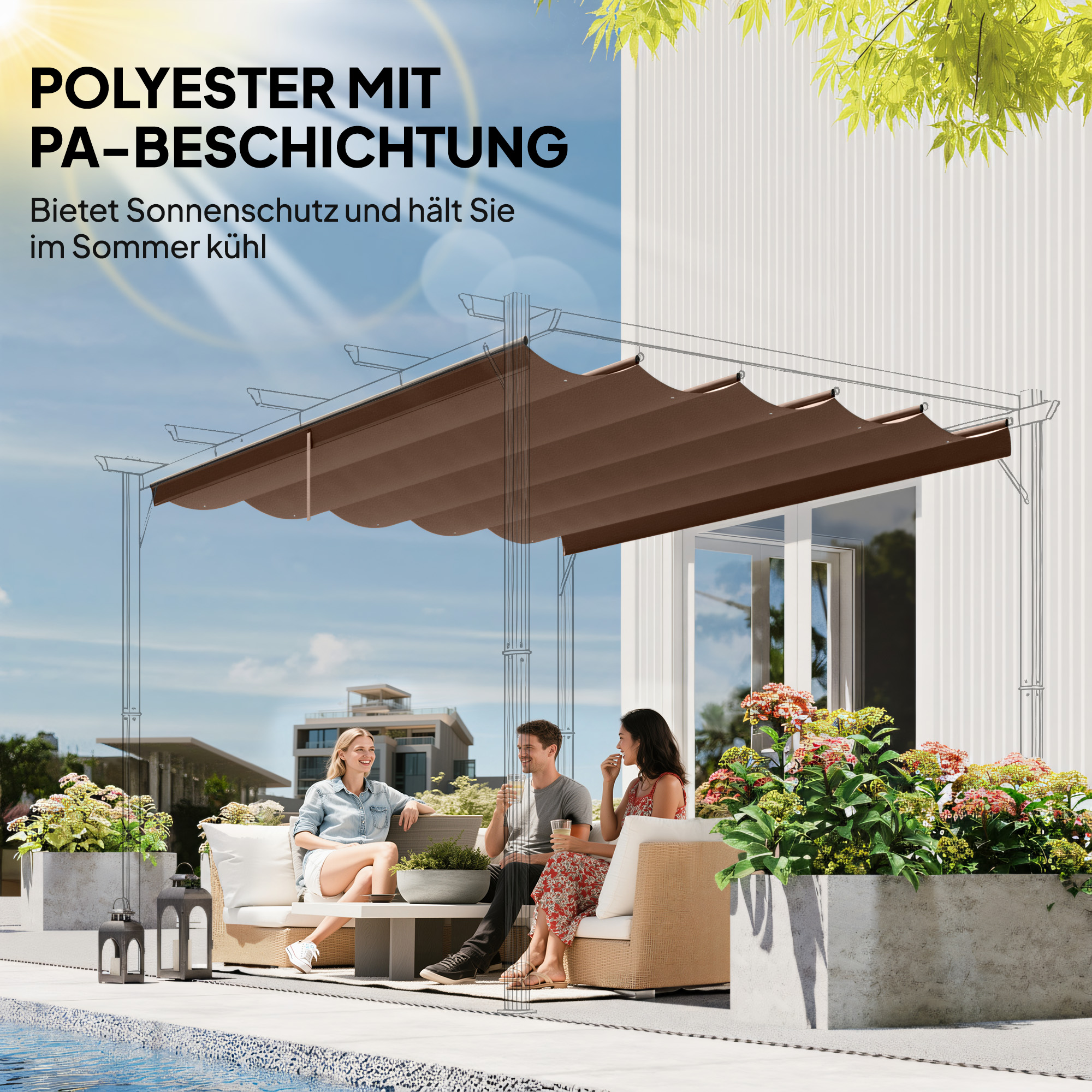 Ersatzdach für 4 x 3 m Pergola, einziehbar, mit Regenabflusslöchern, wetterfest, Polyester, Kaffee