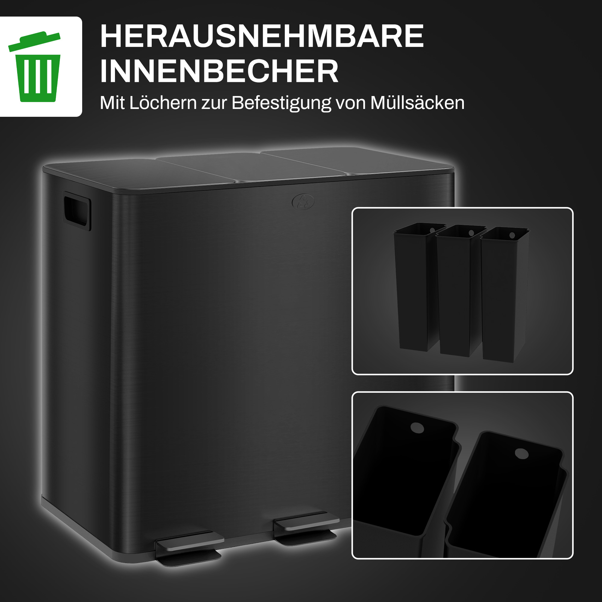Mülleimer mit 3 x 15L Fächern, Deodorant-Deckel, fingerabdrucksicher, Soft-Close, herausnehmbar, Schwarz