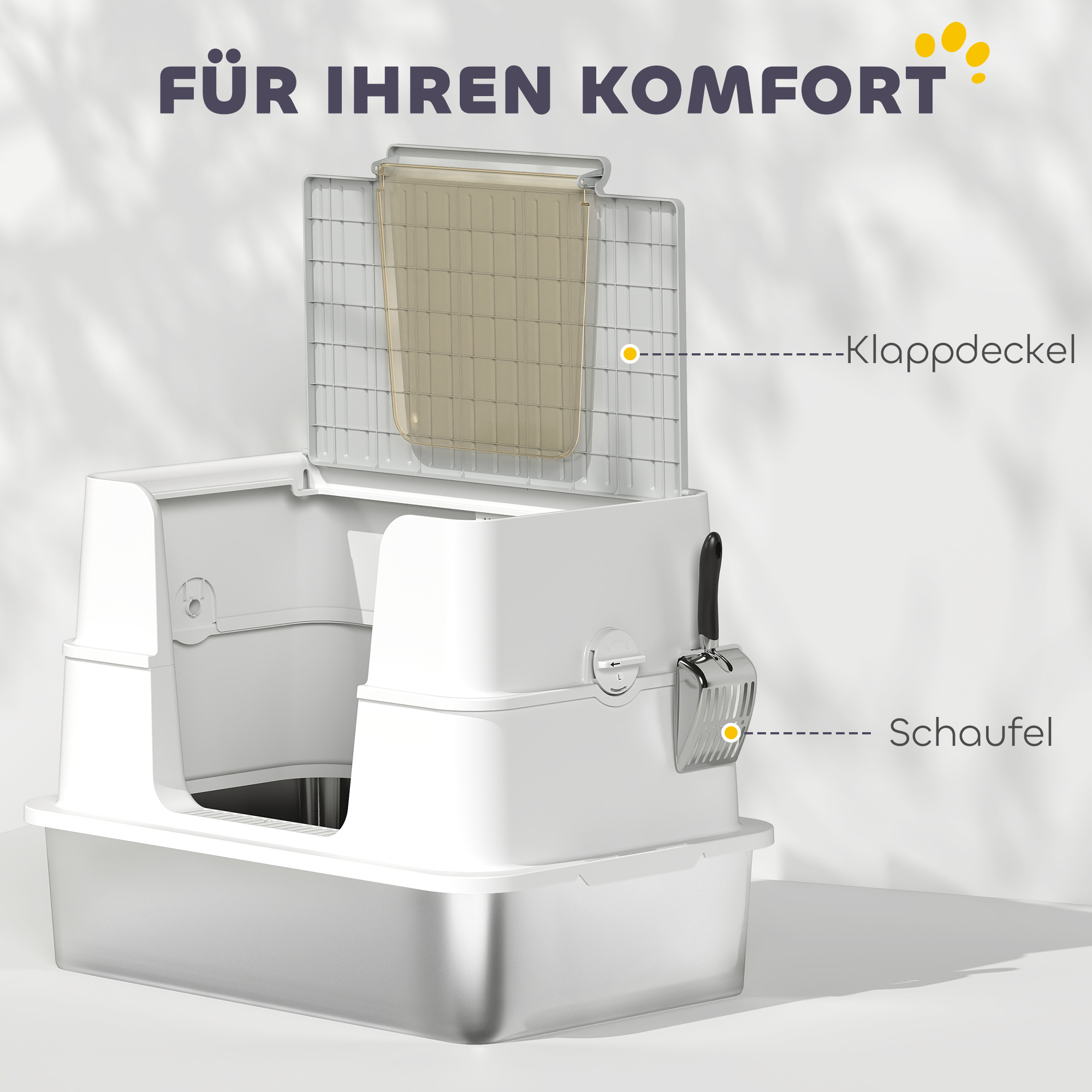 Katzentoilette, Edelstahl, XL-Innenraum, mit Schaufel, Hellgrau