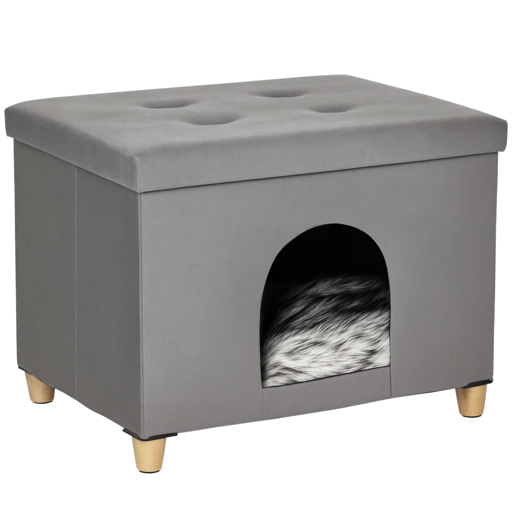 2-IN-1 Katzenhöhle Fußhocker mit Kissen Holzbeine Katzenhaus Katzenkorb weich gepolstert Ottomane elegantes Design abnehmbar MDF Plüsch Grau 60 x 45 x 44,5 cm 2-IN-1 Katzenhöhle Fußhocker mit Kissen Holzbeine Katzenhaus Katzenkorb weich gepolstert Ottomane elegantes Design abnehmbar MDF Plüsch Grau 60 x 45 x 44,5 cm