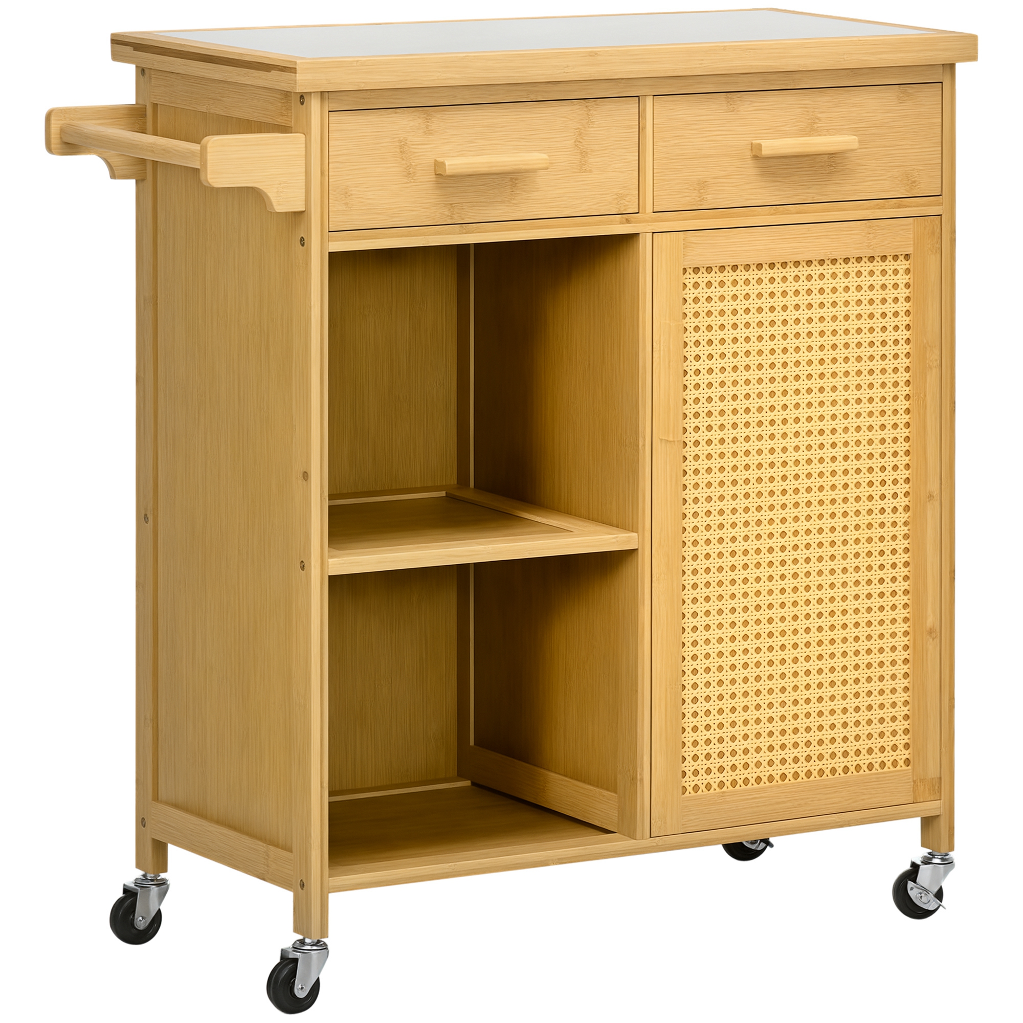 Küchenwagen aus Bambus, Mehrzweckwagen, Sevierwagen, 2 Schubladen, 1 Schrank,  2 Regale, Natur