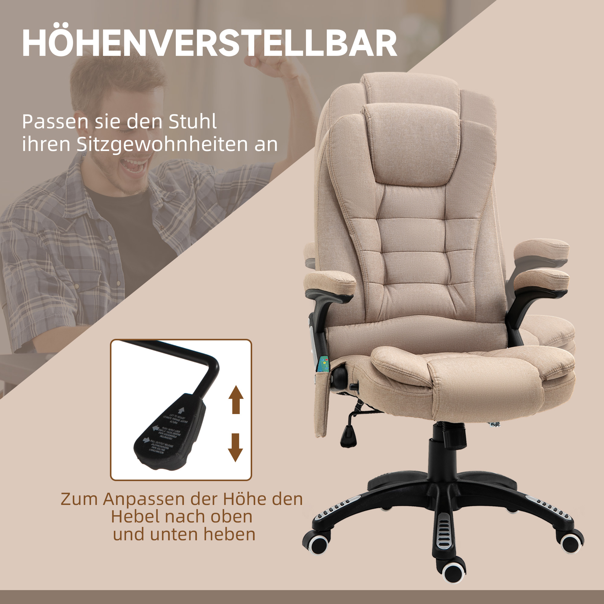 Massagesessel mit Wärmefunktion, Ergonomischer Schreibtischstuhl, höhenverstellbar, 68L x 72B x 110-120 cm, Braun