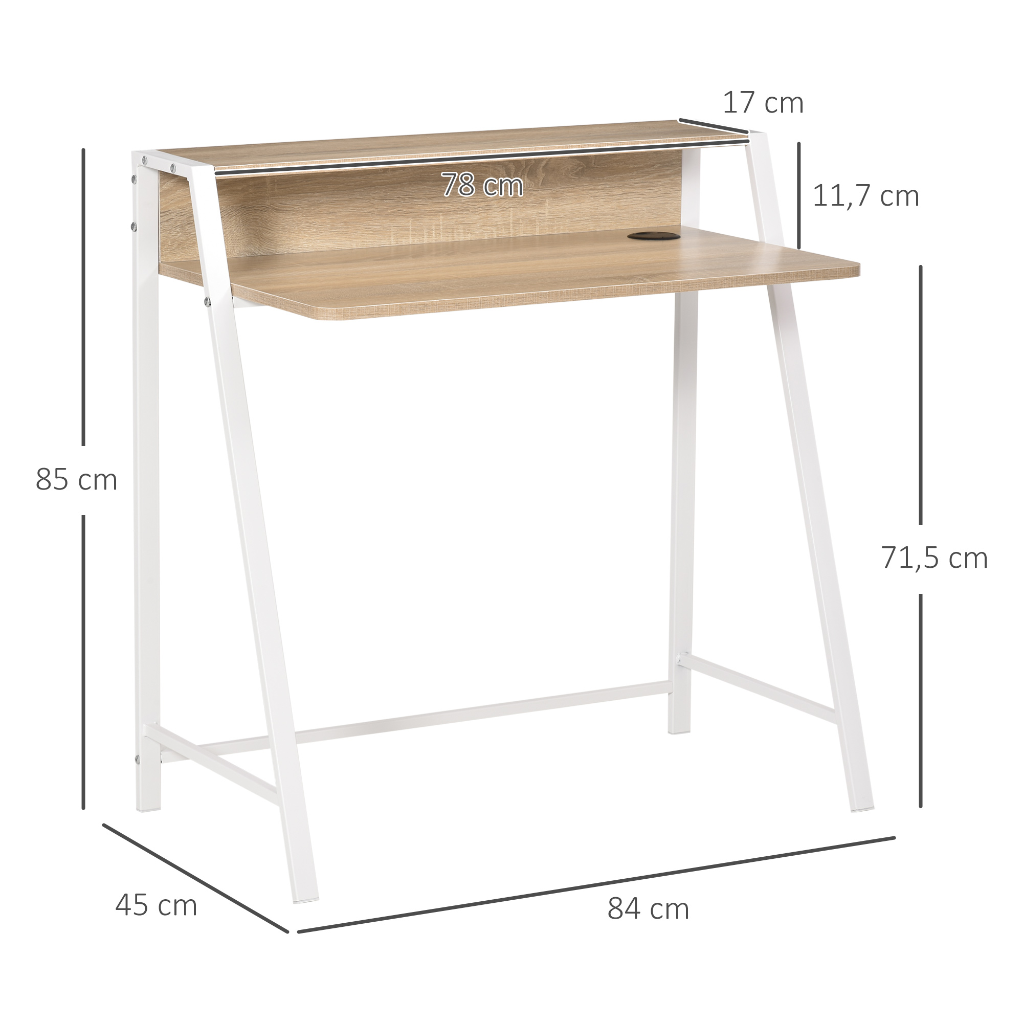Schreibtisch, Computertisch mit Ablage und Kabel Management, moderner Schreibtisch mit Metallgestell für Arbeitszimmer, Schlafzimmer, Home Office, 84 x 45 x 85 cm, Weiß+Eiche