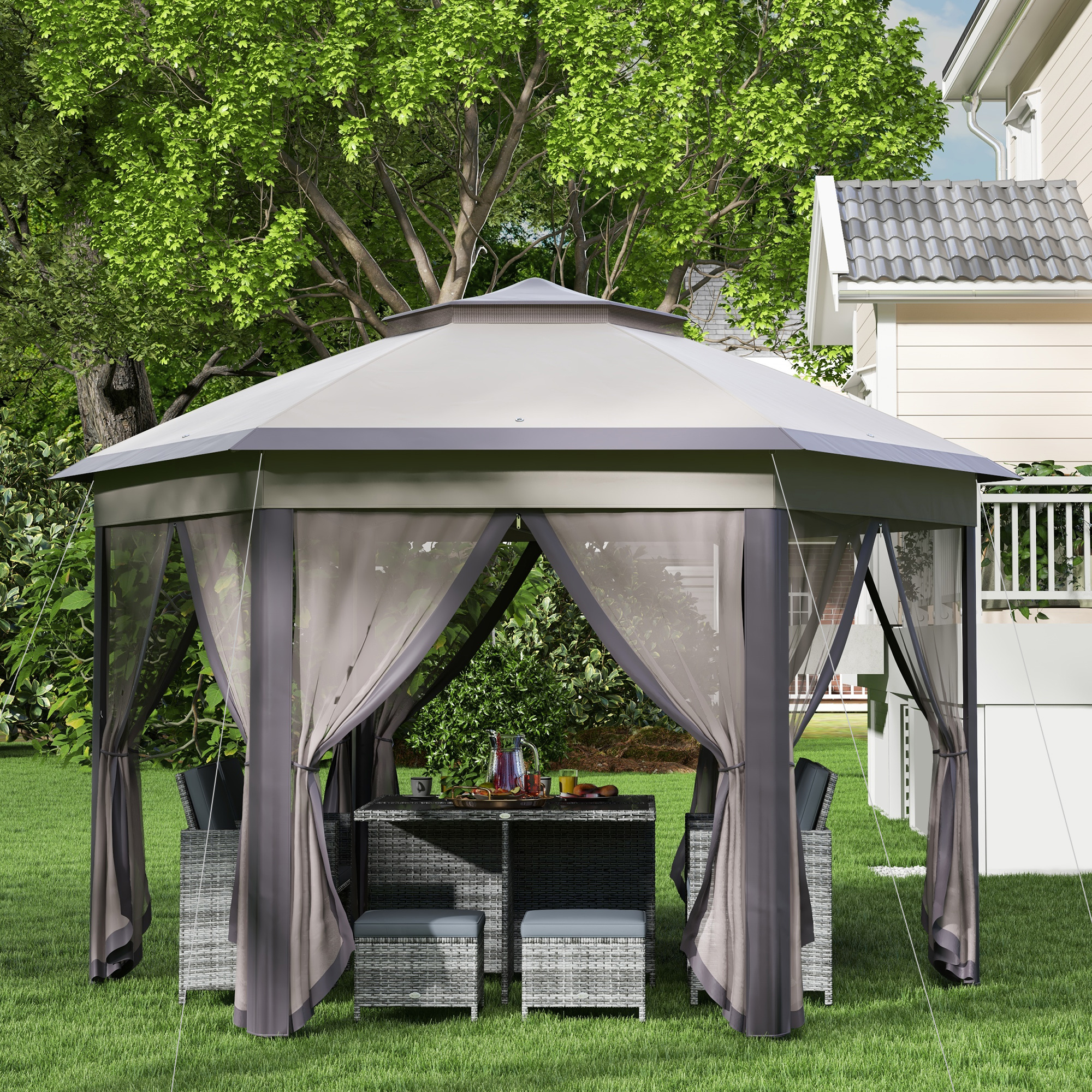 Gartenpavillon Faltpavillon 4 x 4 m Pop-Up-Zelt Partyzelt inkl. Tragetasche 6 Seitenteile Doppeldach sechseckig Beige