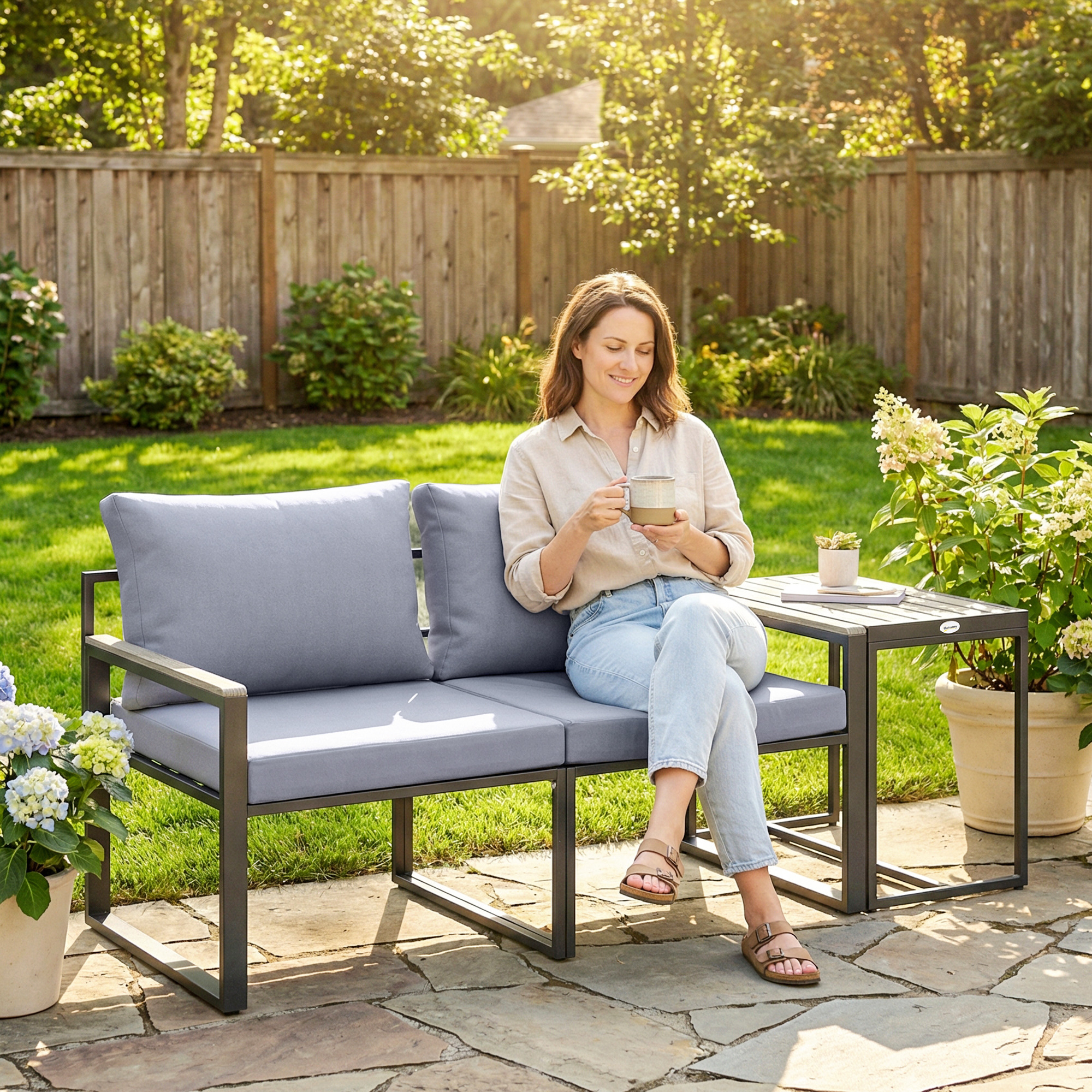 3-teiliges Balkonmöbel Set 2 Sessel mit Tisch abnehmbar Sitz-& Rückenkissen atmungsaktiv Bezug Grau