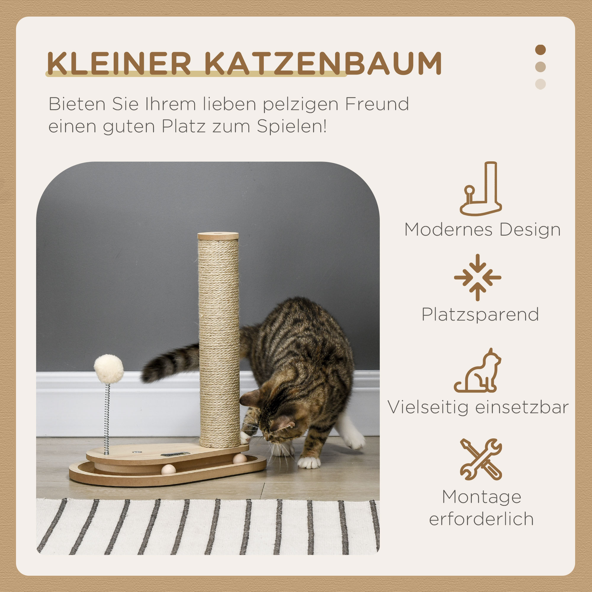 Kratzbaum für Kitten inkl. Spielzeug, Kugelbahn, Kugel mit Feder, 35 cm x 23 cm x 40 cm, Natur