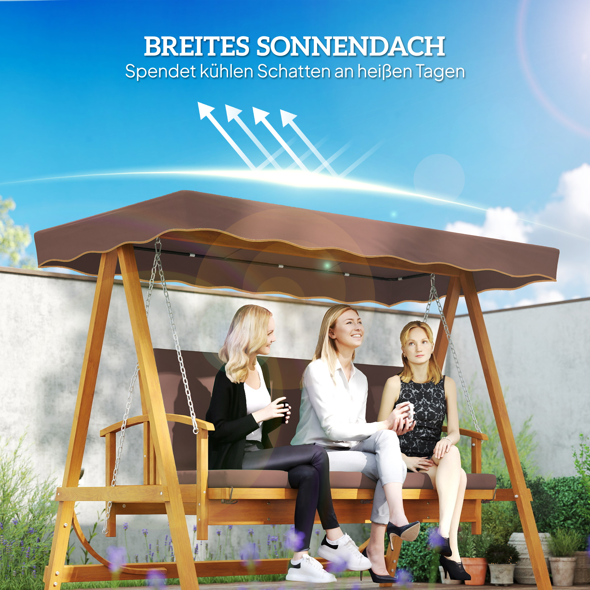 Hollywoodschaukel mit Sonnendach, Echtholz-Gartenschaukel, Schaukelbank mit Liege-Funktion, für 3 Personen, Braun