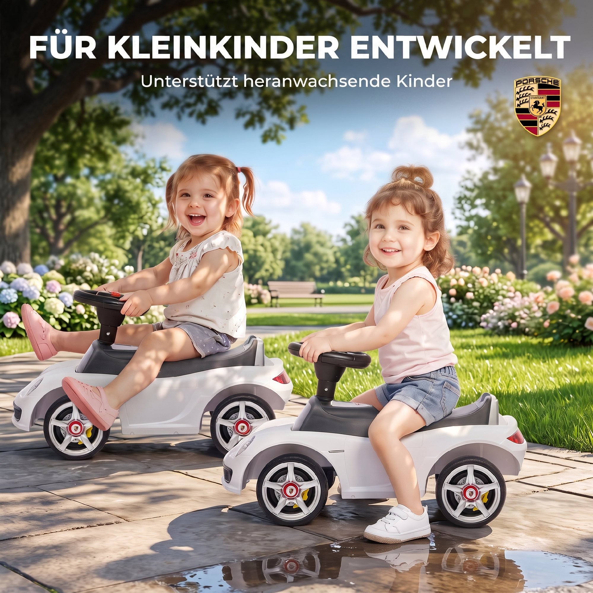 Rutschauto Kinder Porsche Rutschfahrzeug mit Hupe Licht Motorgeräuschen, für 18–36 Monate, Weiß