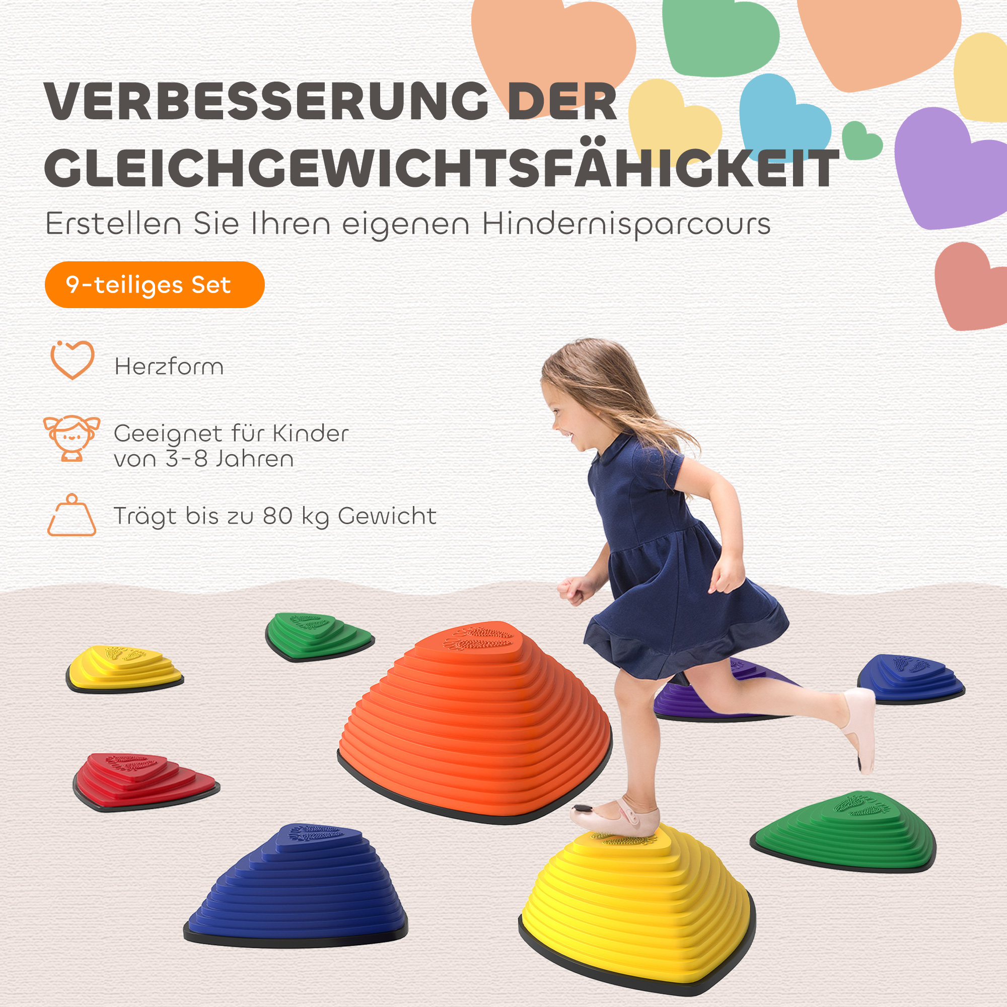 9er-Set Trittsteine, rutschfestes Design, für drinnen & draußen, stapelbar, Bunt