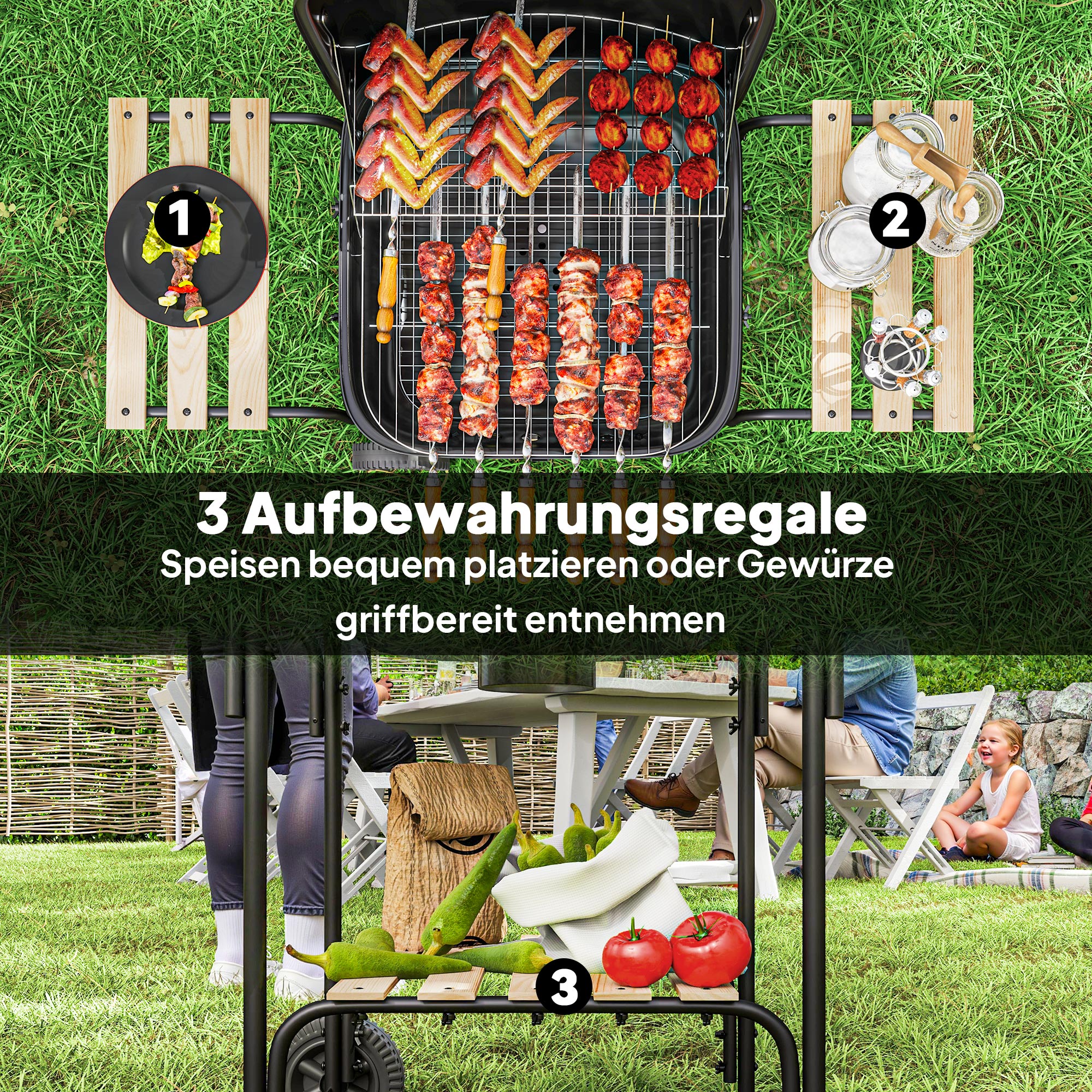 Holzkohlegrill aus Stahl Grillwagen mit abschließbarem Deckel Grillrost Räder Griff Holzablage 98 x 54 x 91 cm Schwarz