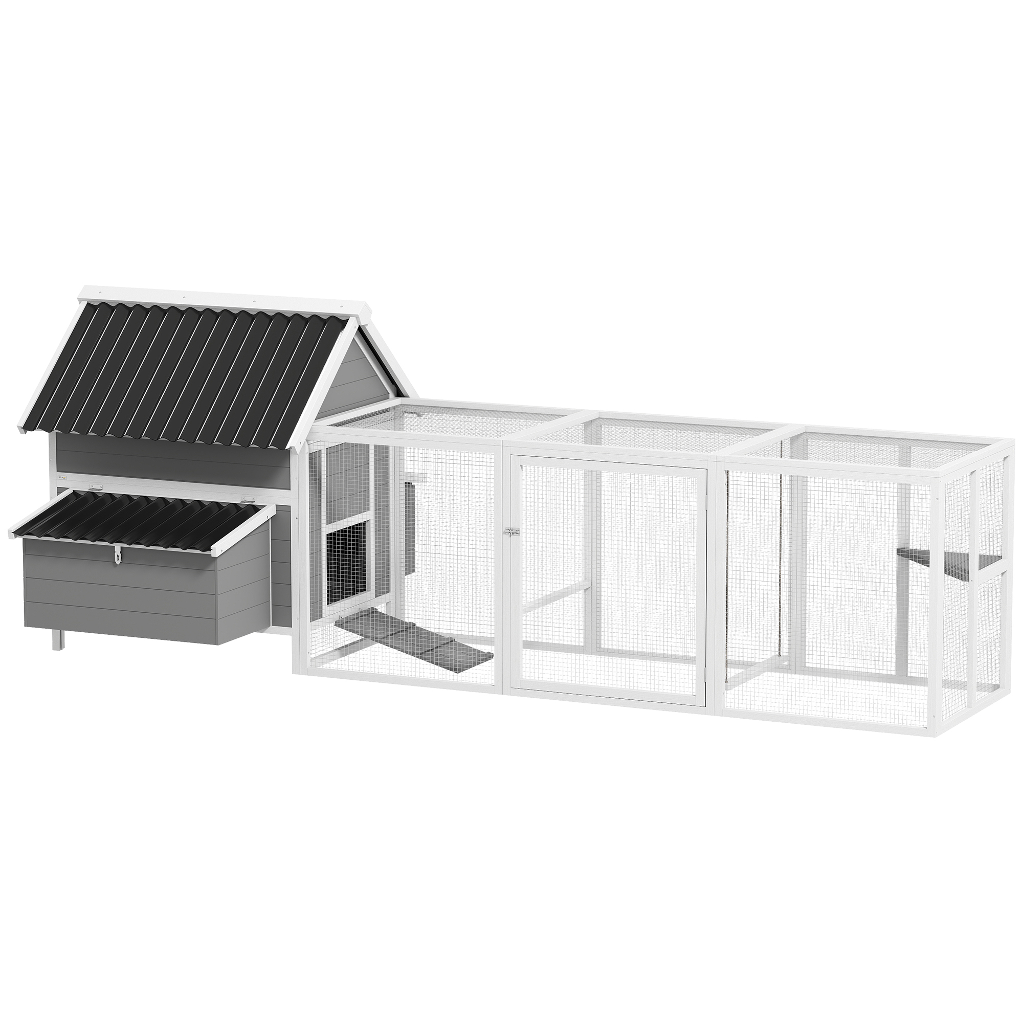 Großer Hühnerstall für 7-10 Hühner, Sitzstangen, Schaukel, Fenster, Nistkästen, Maschendraht, Grau