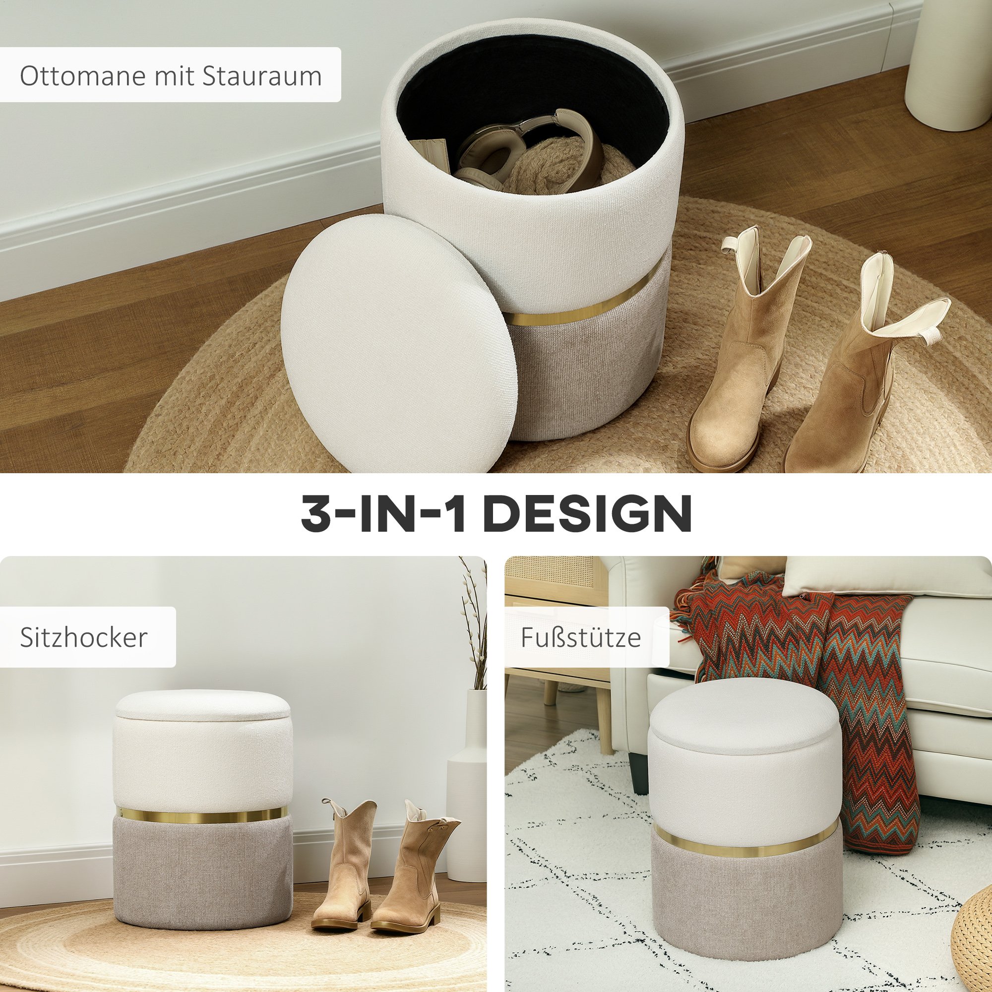 Sitzhocker mit Stauraum Hocker mit Deckel, Metallring, zweifarbig Design 36 x 36 x 44 cm Cremeweiß