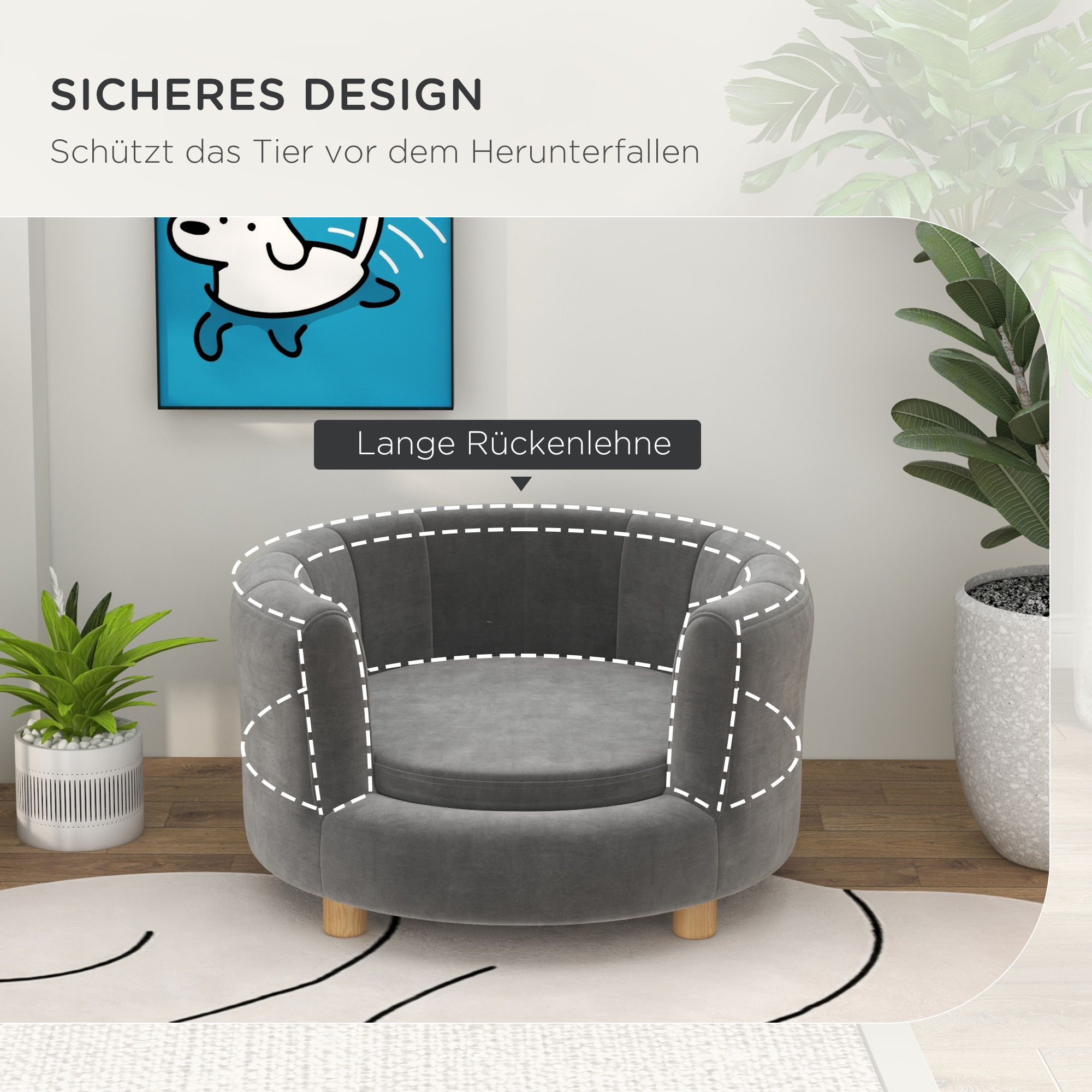 Haustierbett für Hunde und Katzen, Holzbeine, erhöht, Flanellbezug, abnehmbares Kissen, Grau