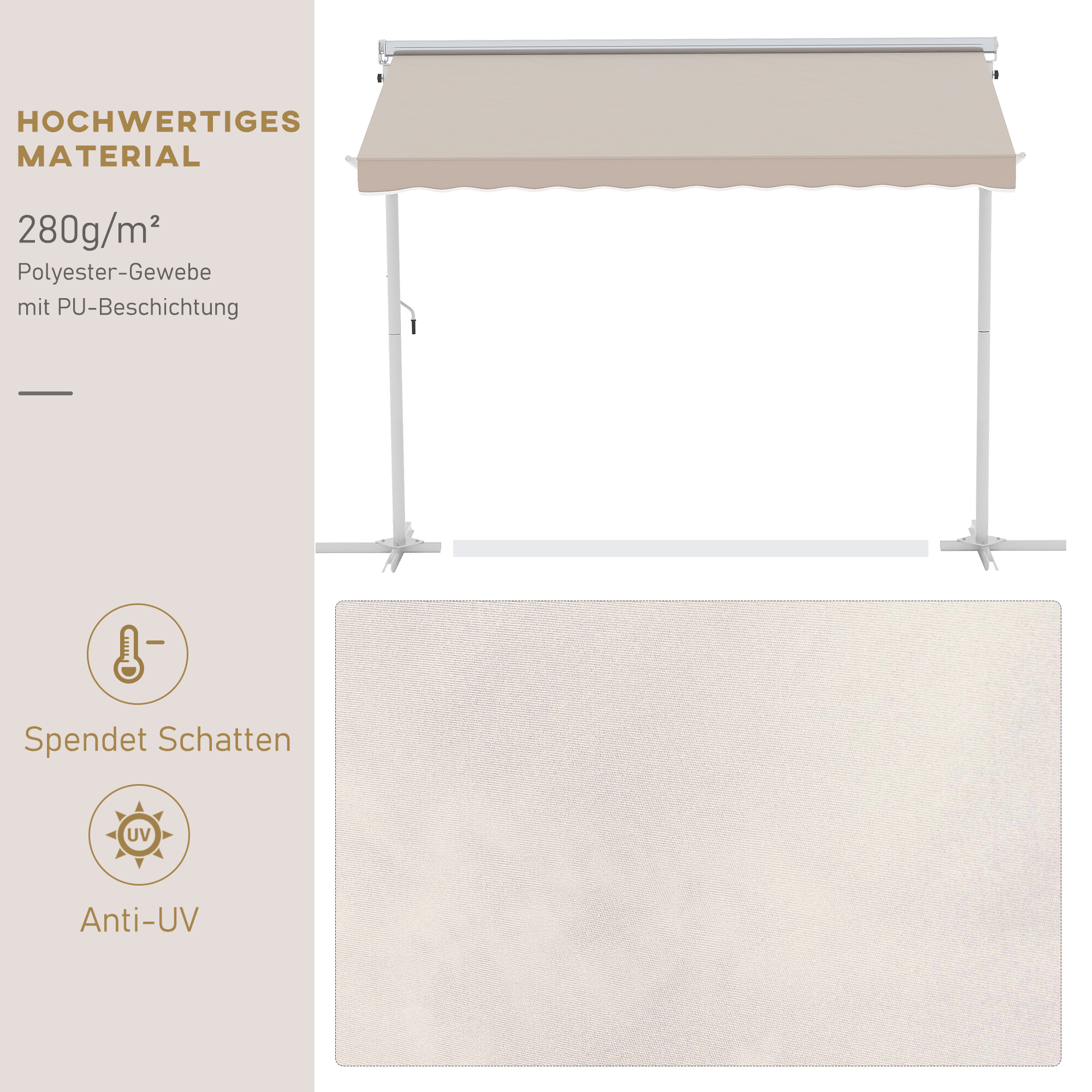 Standmarkise Gartenmarkise Markise mit Faltarm Kurbel Terrasse Creme 3x3m