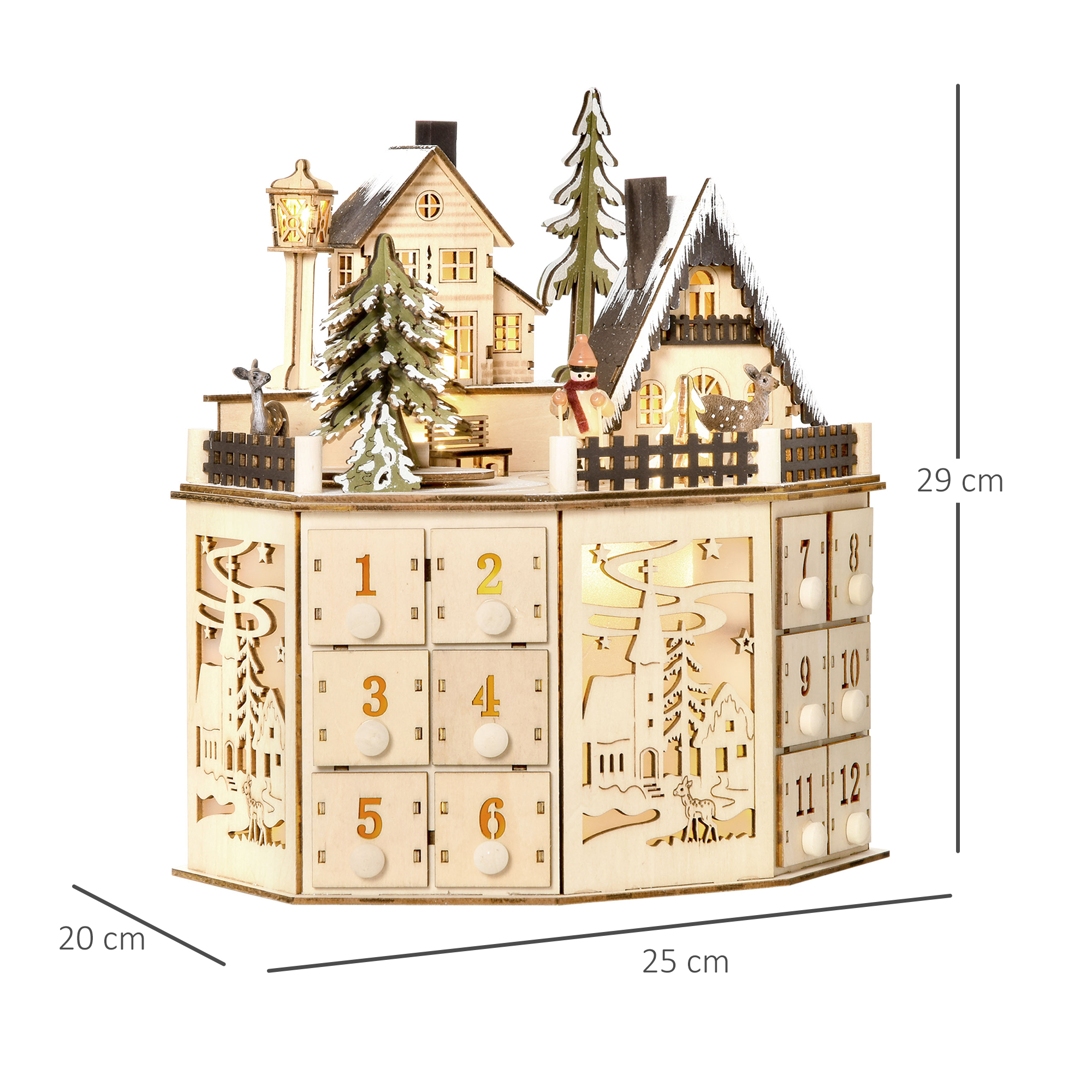 Adventskalender Adventskalenderbox Weihnachtsdekoration, LED-Lichter, 24 Schubladen, Natur