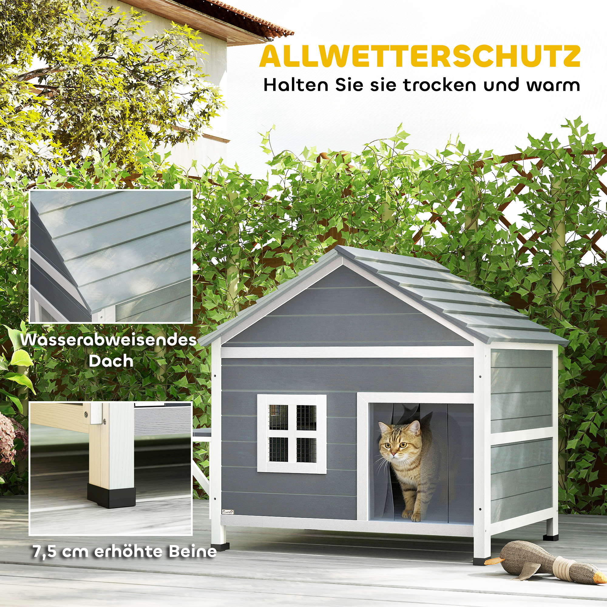 Katzenhaus aus Holz 2-Etagen Katzenhöhle mit wasserdicht aufklappbar Dach, seitlicher Plattform, 101x72,5x81cm, Grau