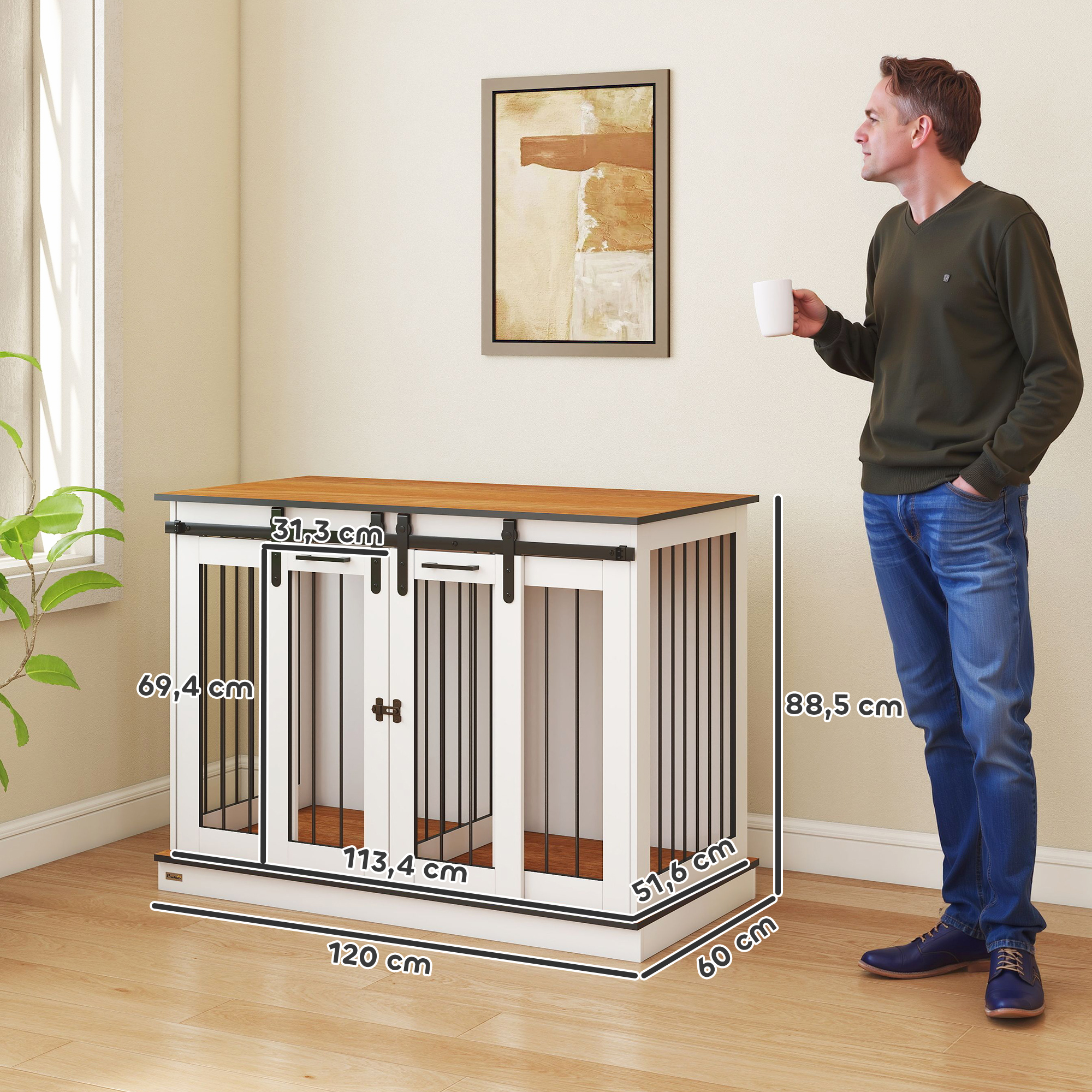 Hundekäfig mit 2 Türen, Hundebox, Transportbox für Hunde, rustikales Design, verriegelbar, Weiß