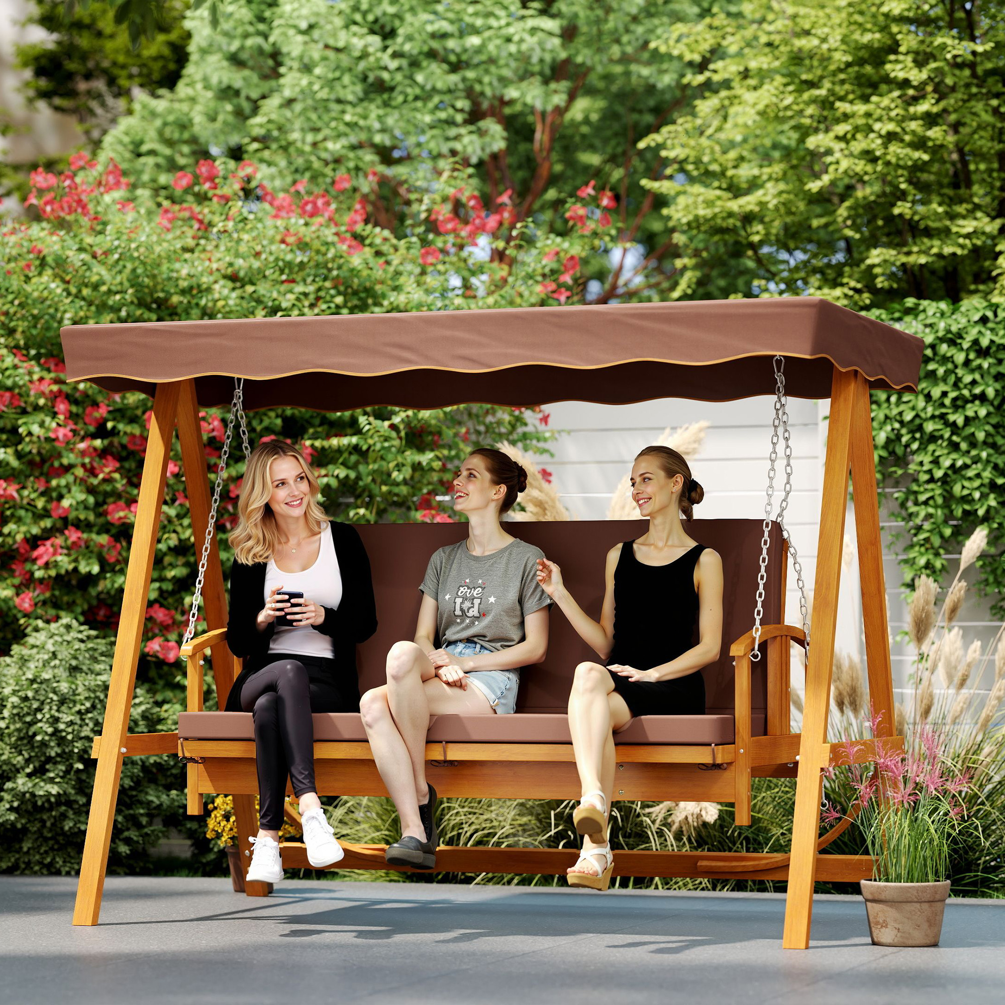 Hollywoodschaukel mit Sonnendach, Echtholz-Gartenschaukel, Schaukelbank mit Liege-Funktion, für 3 Personen, Braun