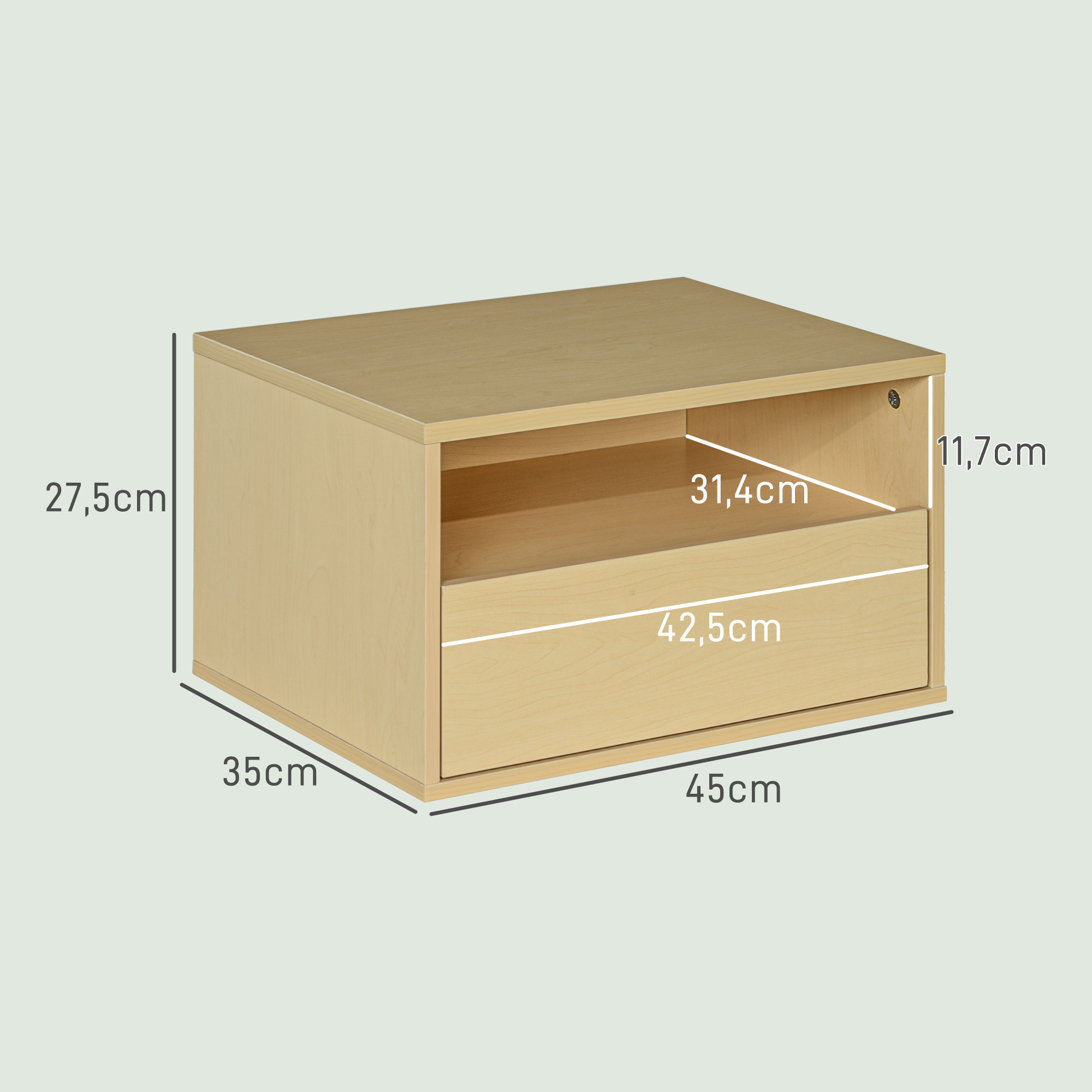 2-teiliges Wandnachttisch-Set, Nachttisch, Nachtkommode, Spanplatte, Natur, 45 x 35 x 27,5 cm