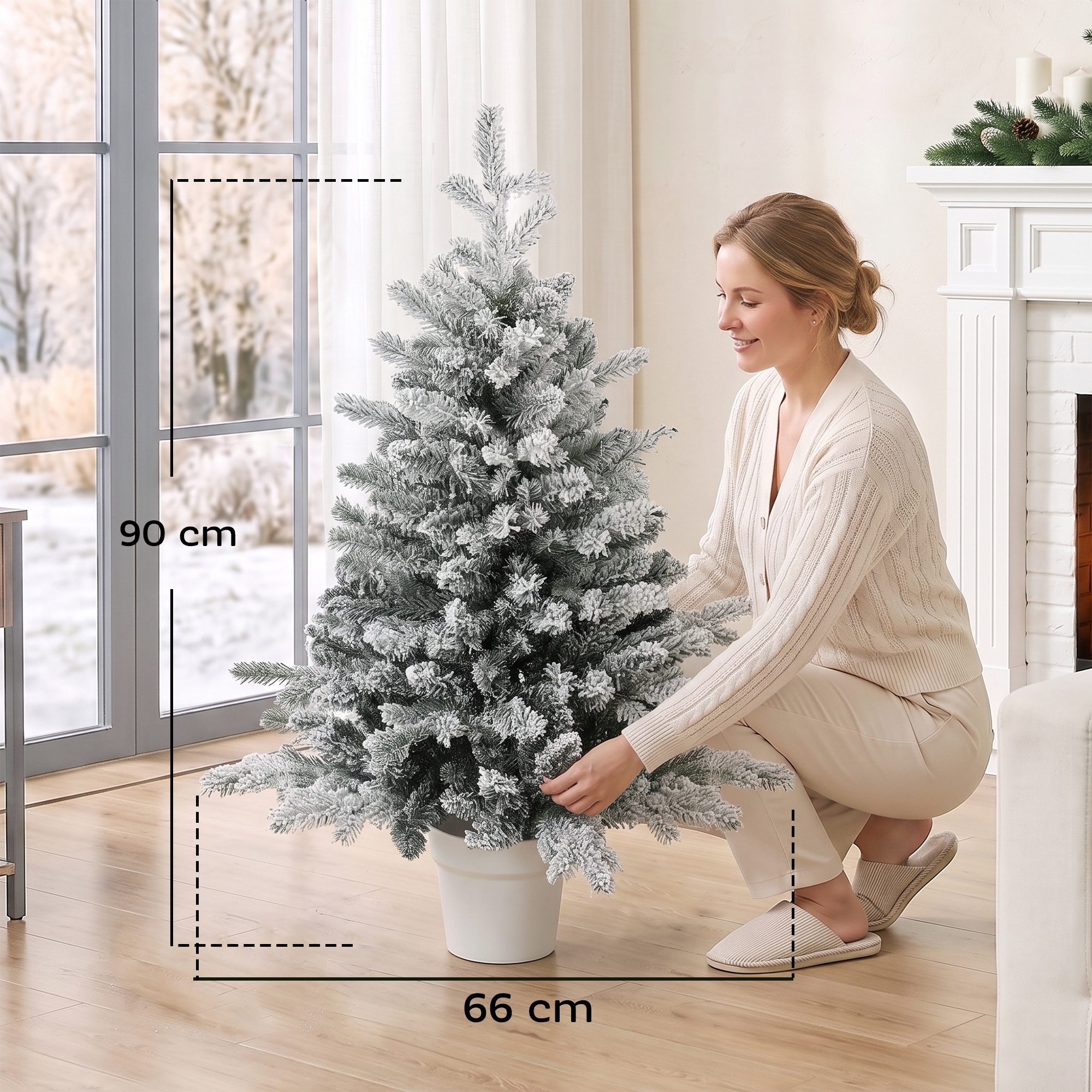 Mini 90 cm Weihnachtsbaum mit 296 Zweigspitzen Schnee-Effekt Topf, Mini-Tischbaum für Zuhause Büro, Weiß