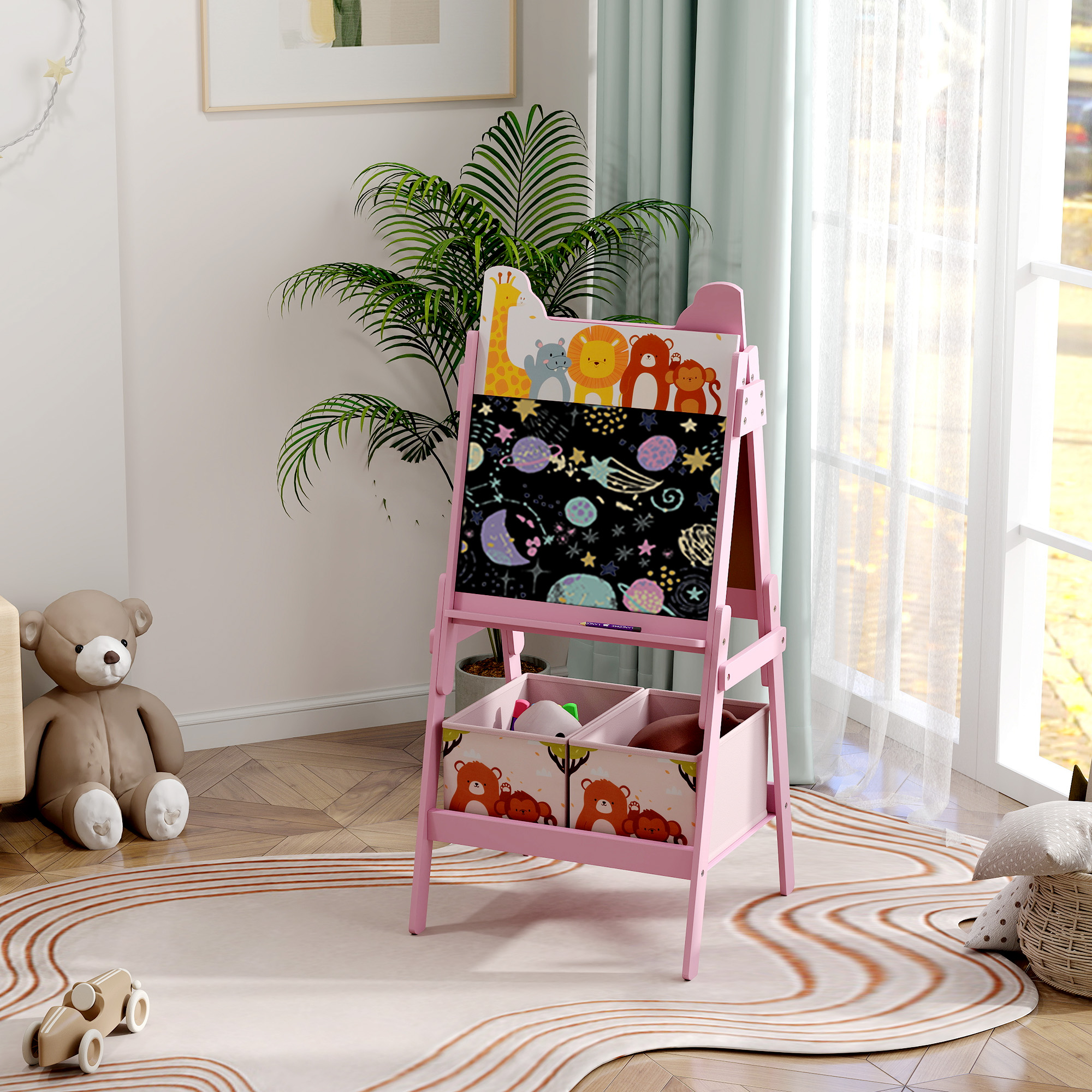 2-in-1 Kindermalstaffelei mit Whiteboard, Kreidetafel, Aufbewahrungsboxen, für Kinder im Alter von 3-8 Jahren, Rosa