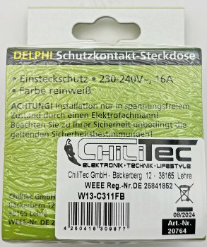 DELPHI Schutzkontakt-Steckdose, UP, weiß / 250V~/ 16A, inkl. Rahmen, Steckanschluss